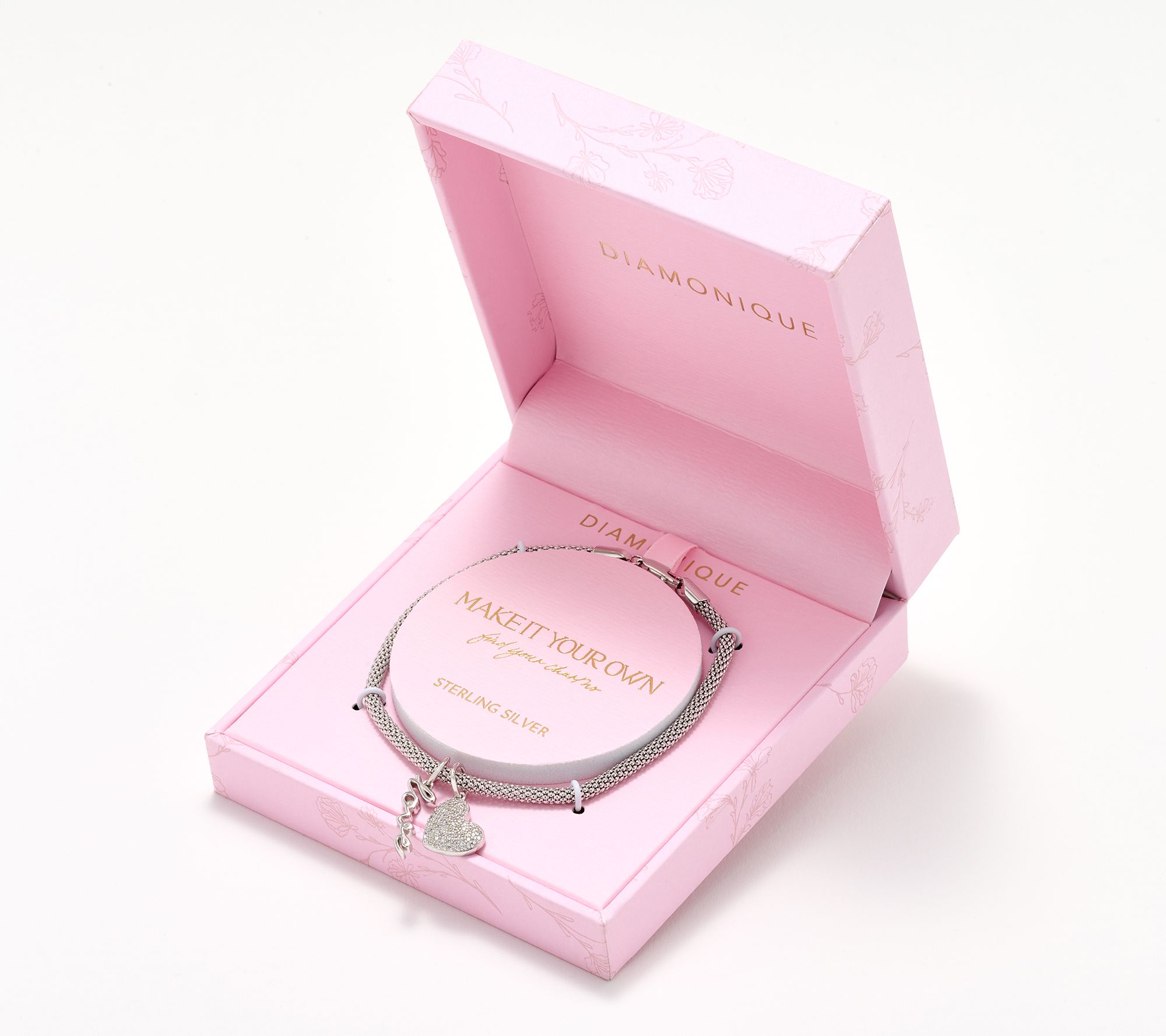 Diamonique Sterling Silver Choice of Motif Charm Bracelet with Gift Box