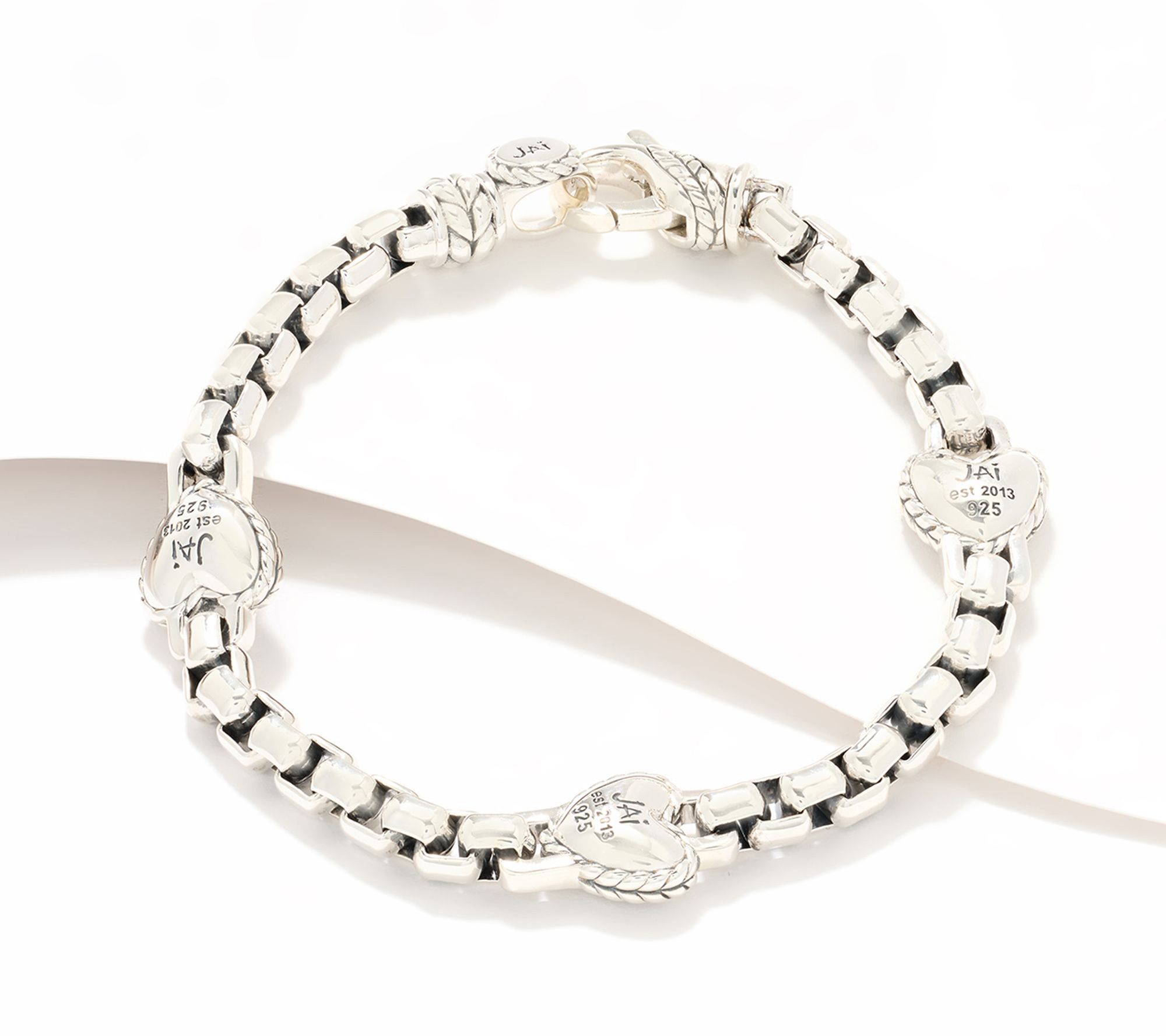 JAI Sterling Silver Heart Link 5.3mm Box Chain Bracelet, 21.0g