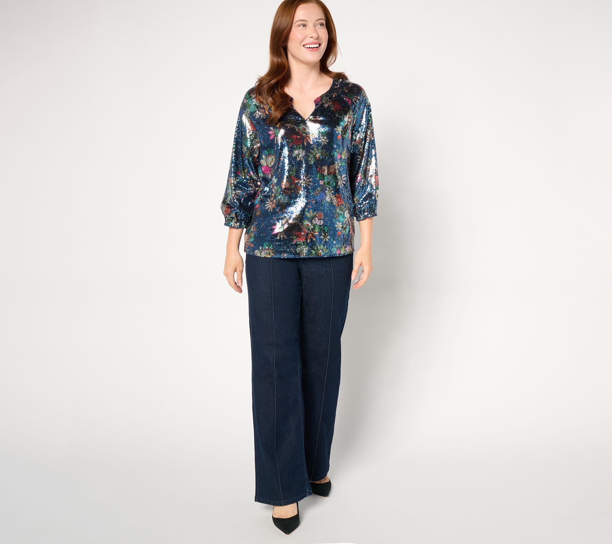 nicole by Nicole Miller Sequin 3/4-Balloon Sleeve Top