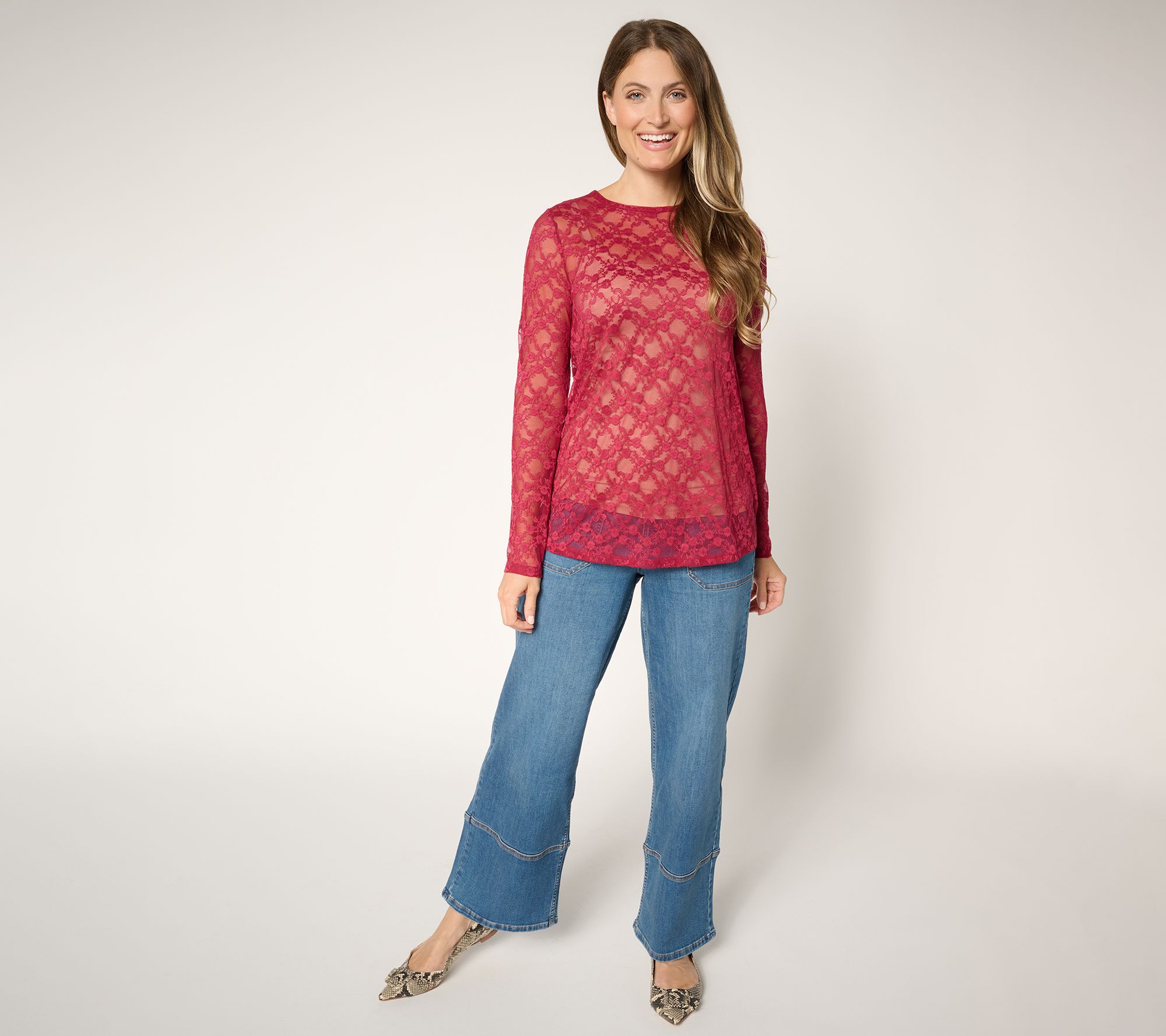 LOGO Layers by Lori Goldstein Stretch Lace Long Sleeve Top