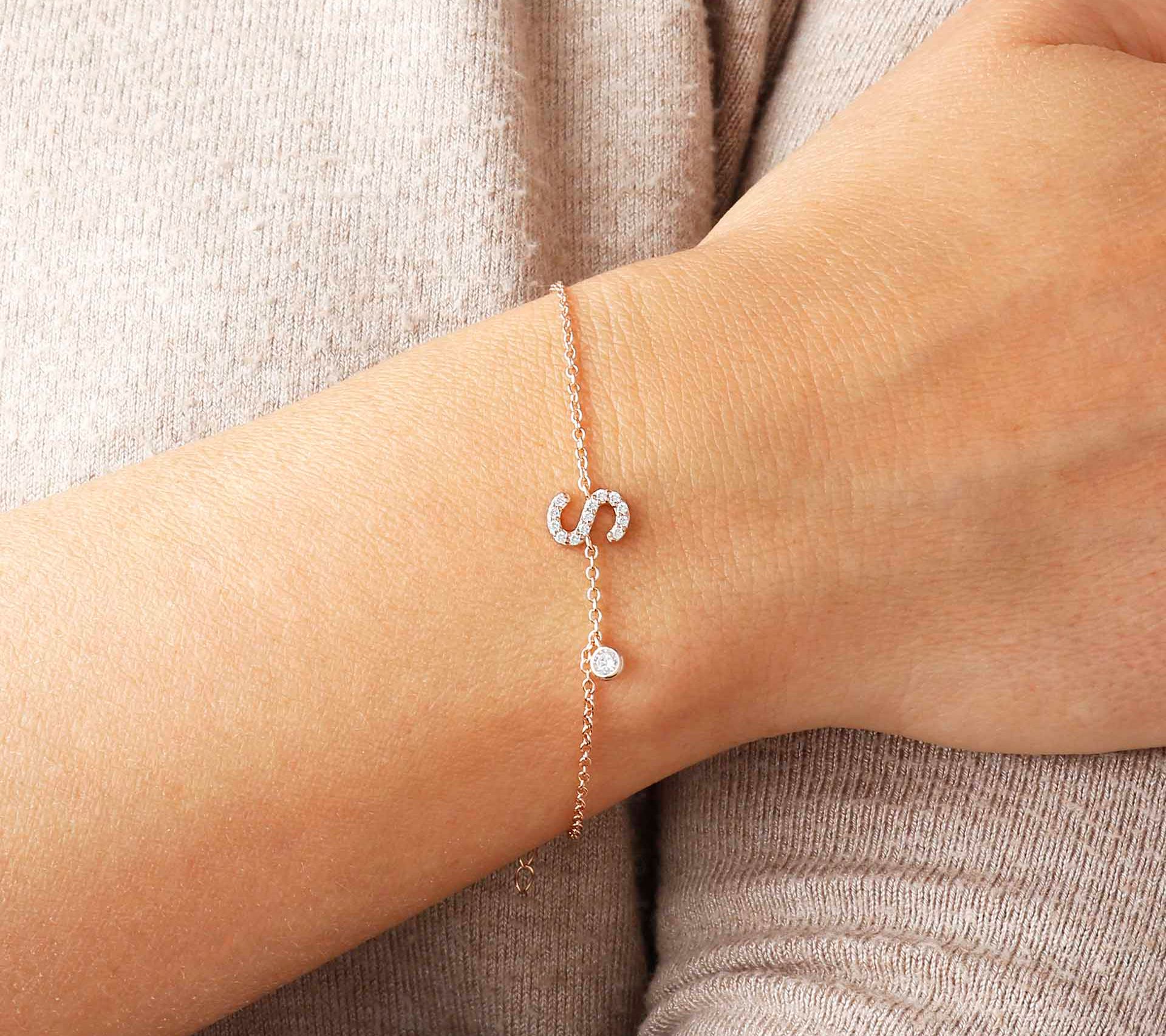 Diamonique Initial Adjustable Bracelet, 14K Ros e Gold Clad