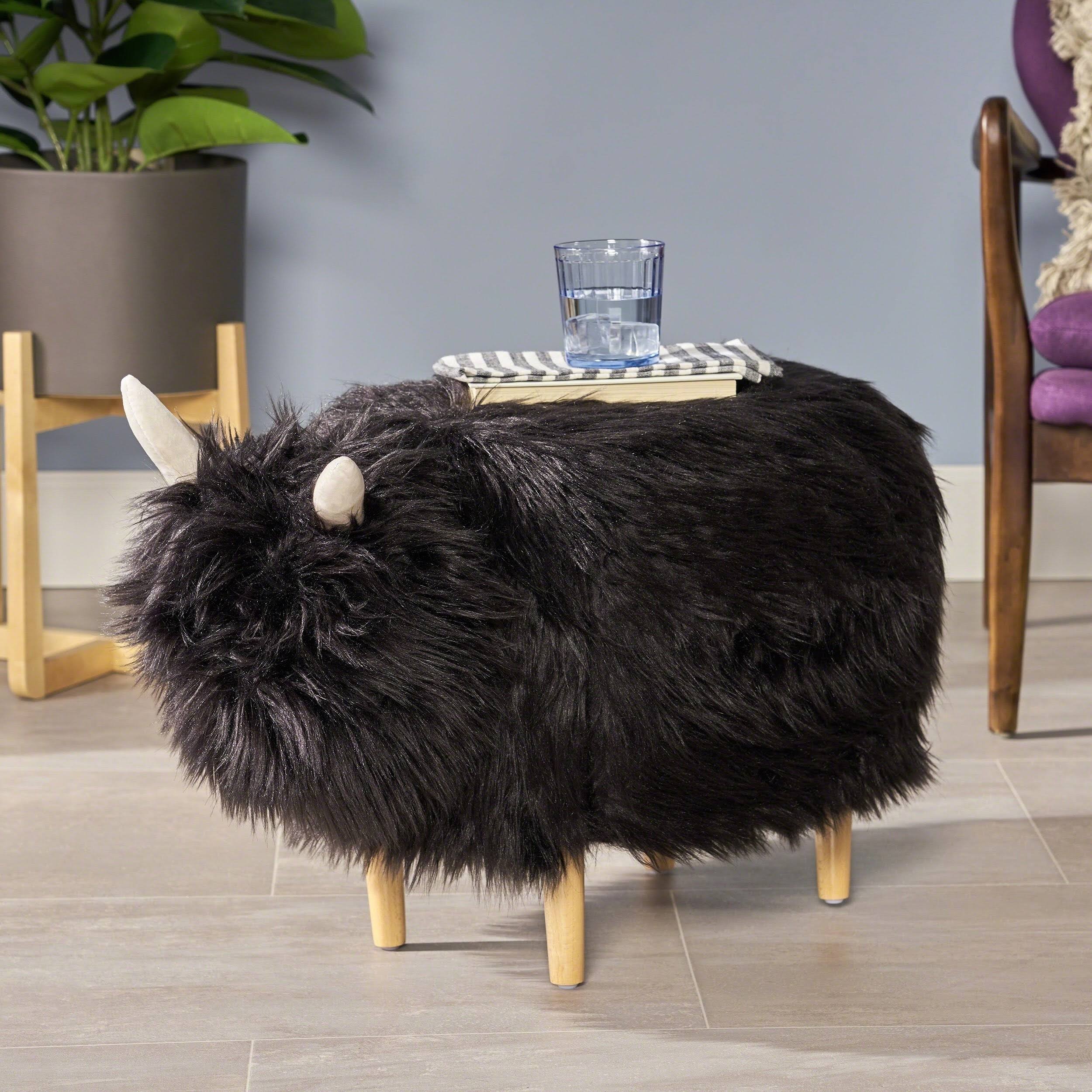 Kamla Furry Yak Ottoman - Black