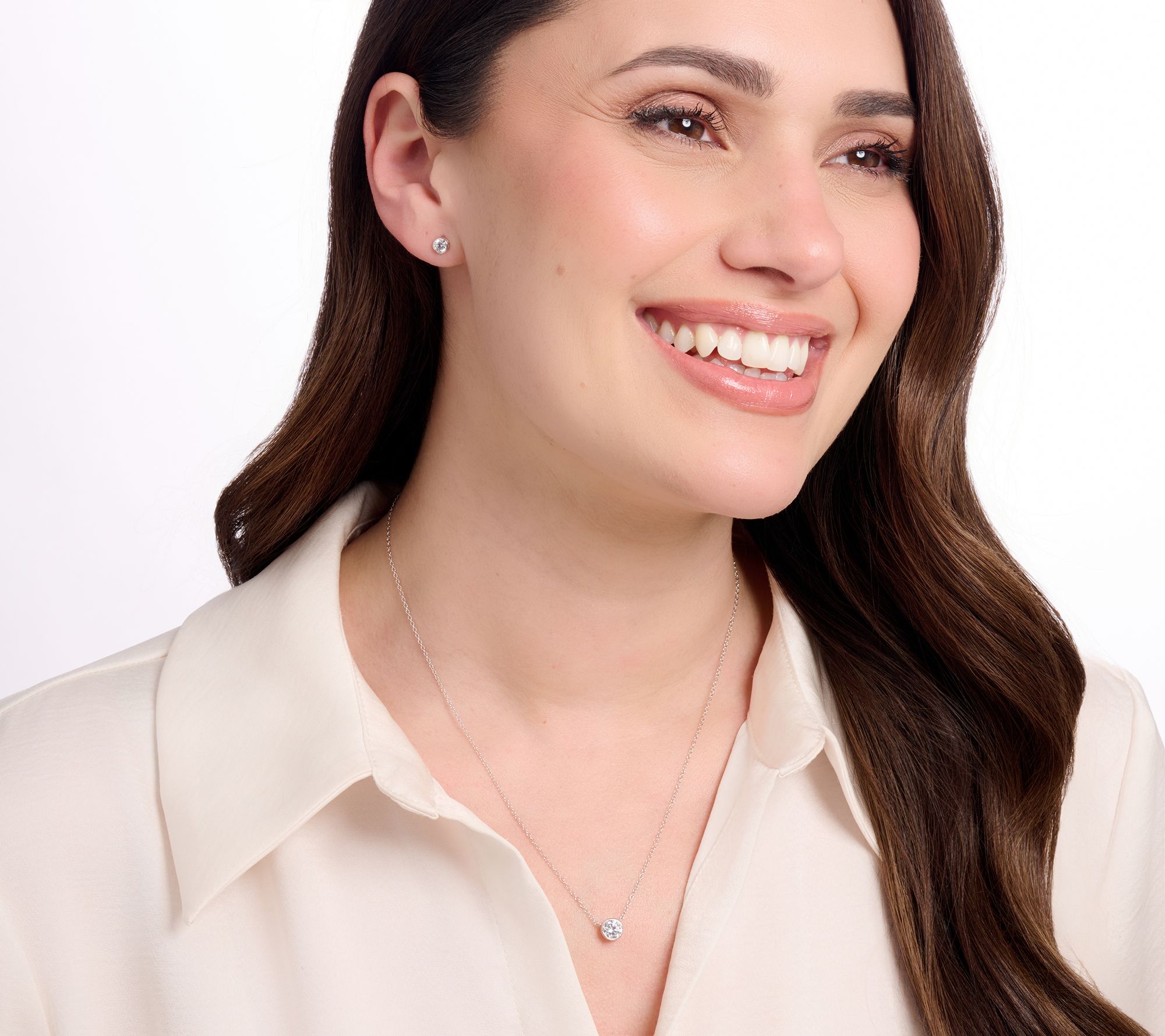 Diamonique Necklace & Stud Earrings Boxed Set, Sterling Silver