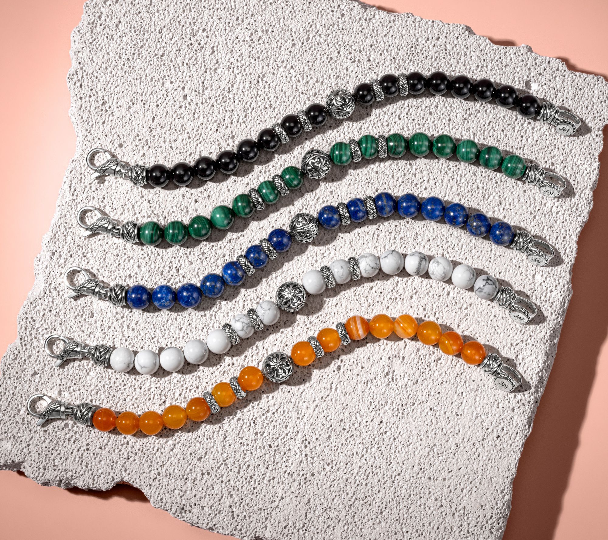 JAI Sterling Silver Heritage Lotus Texture Gem Bead Bracelet