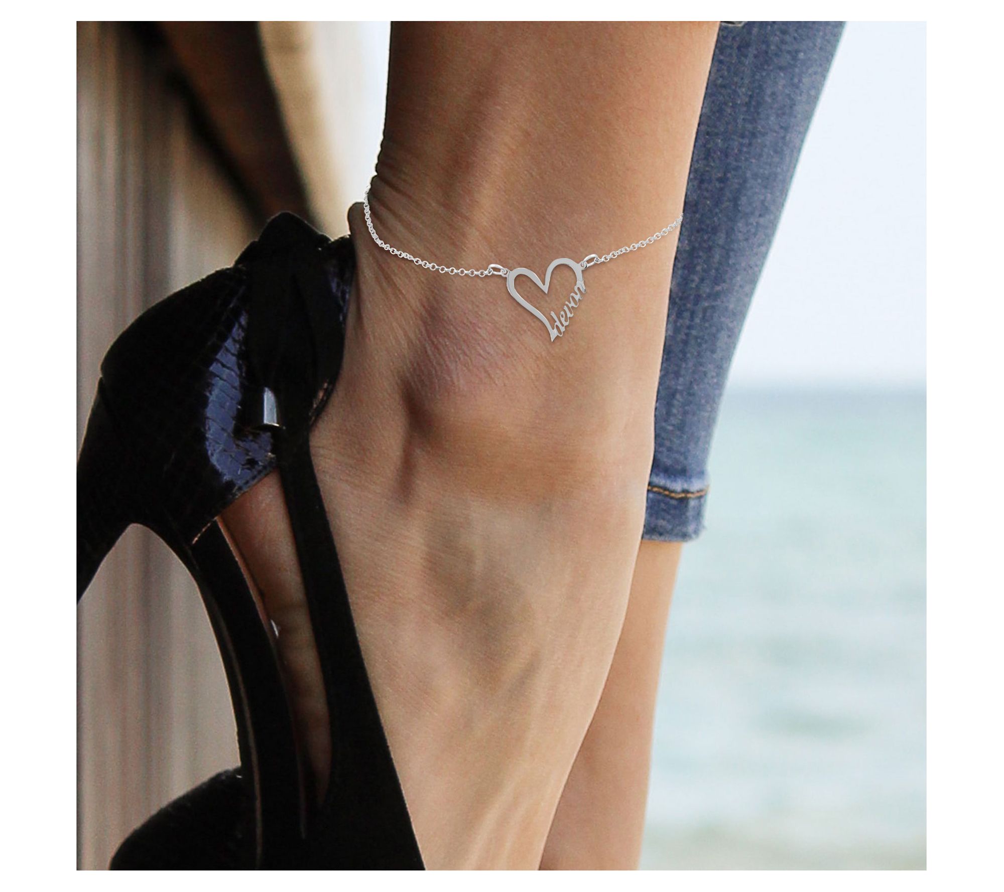 Personalized Sterling Silver Heart w/ Name Ankle Bracelet