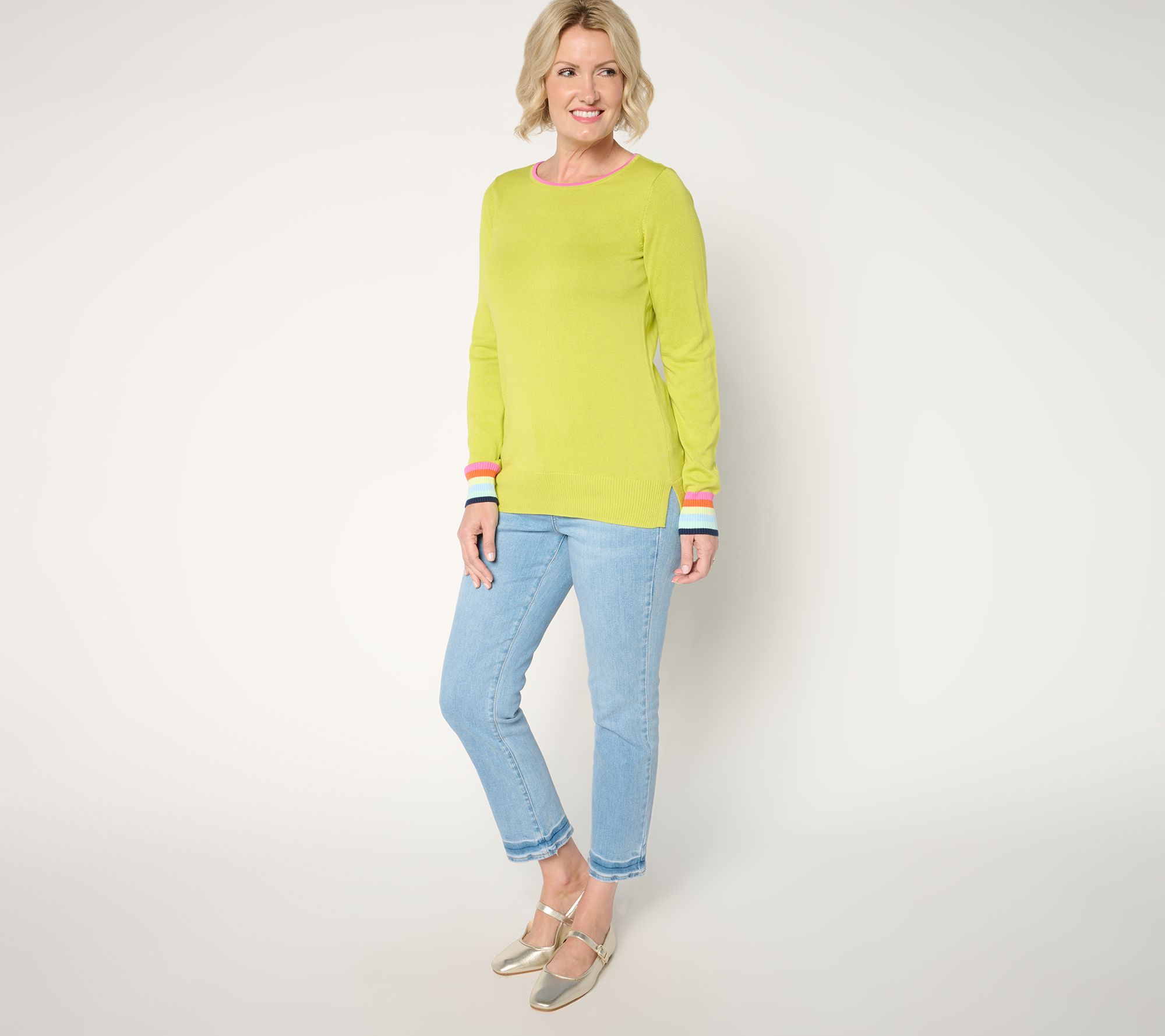 Belle by Kim Gravel Preppy Rainbow Cuff Sweater
