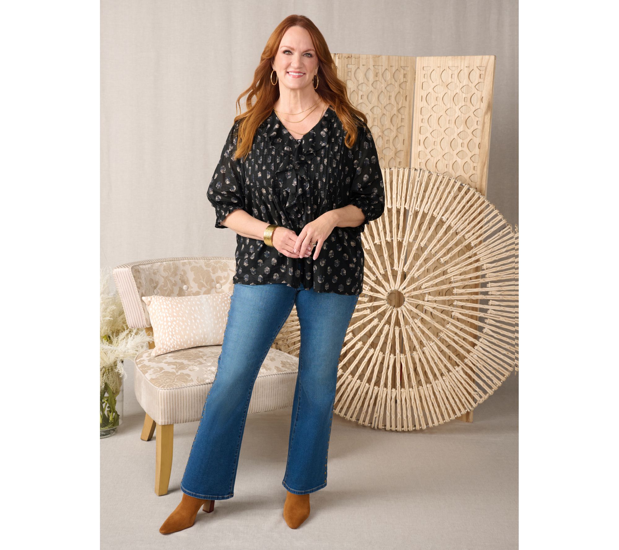 Ree by The Pioneer Woman Printed 100% Cotton Ruffle Front Blouse