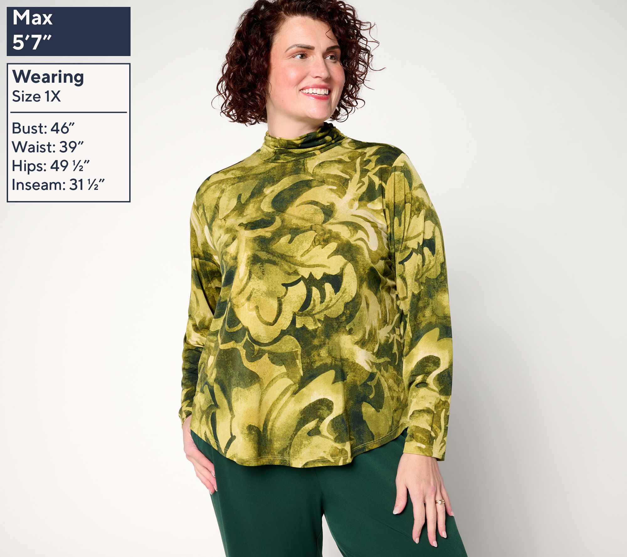 Susan Graver Printed Liquid Knit Ruched Mock Neck Top