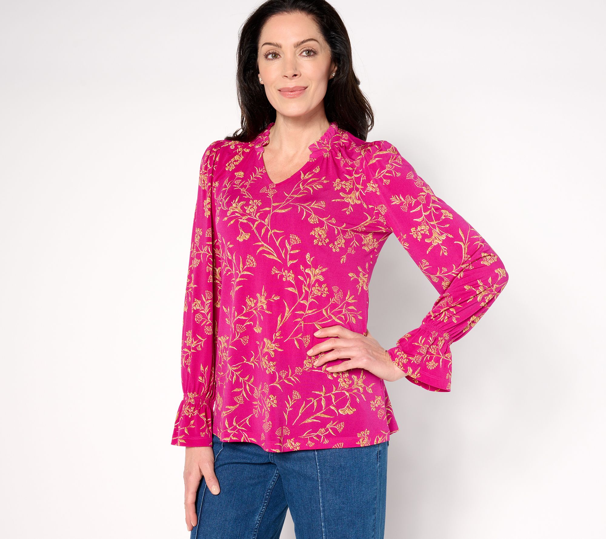 Susan Graver Printed Liquid Knit Bracelet Sleeve Split Neck Top