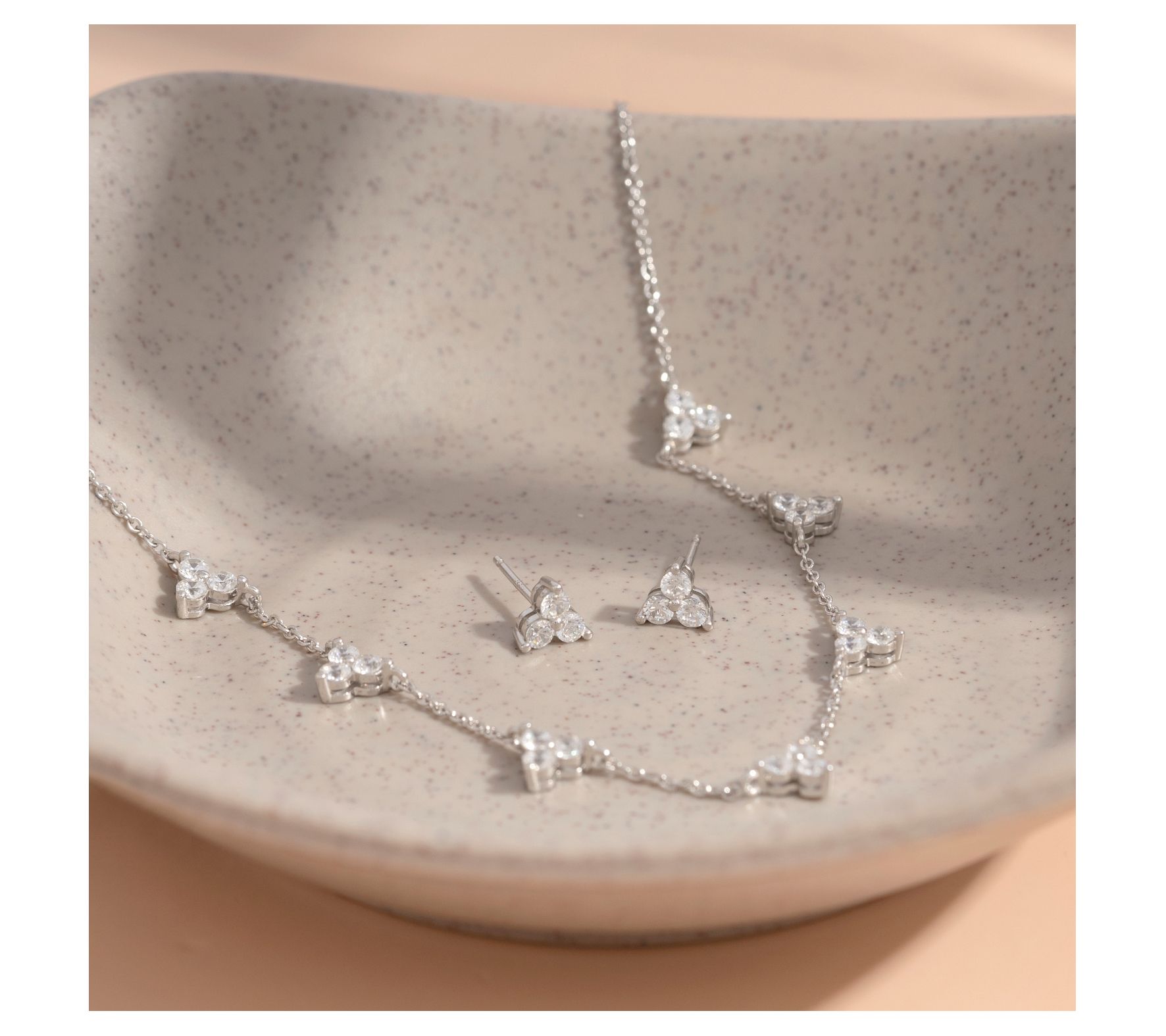 Diamonique Station Necklace & Stud Earrings S e, Sterling