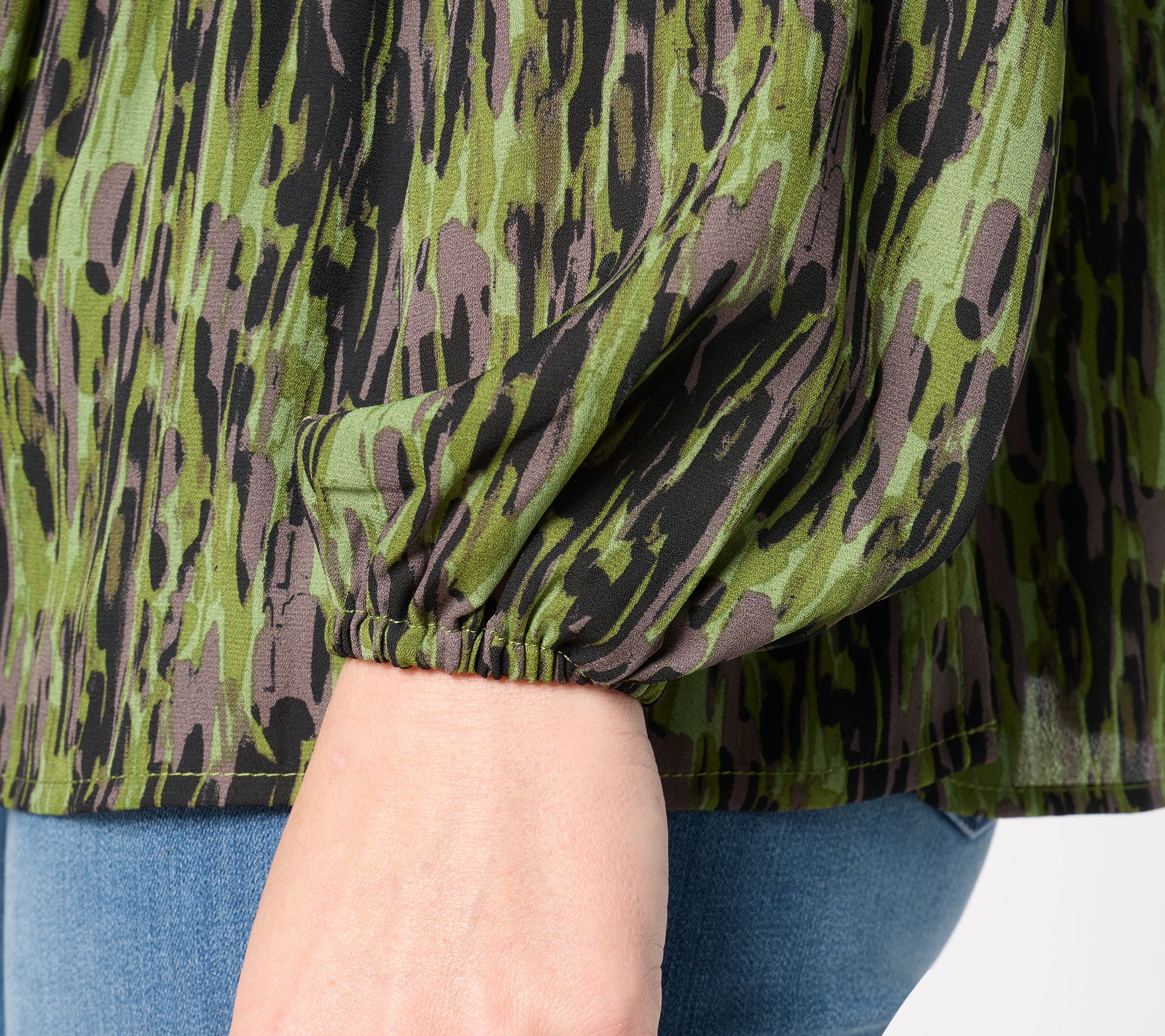 Belle by Kim Gravel Micropleat V-Neck Printed Blouse