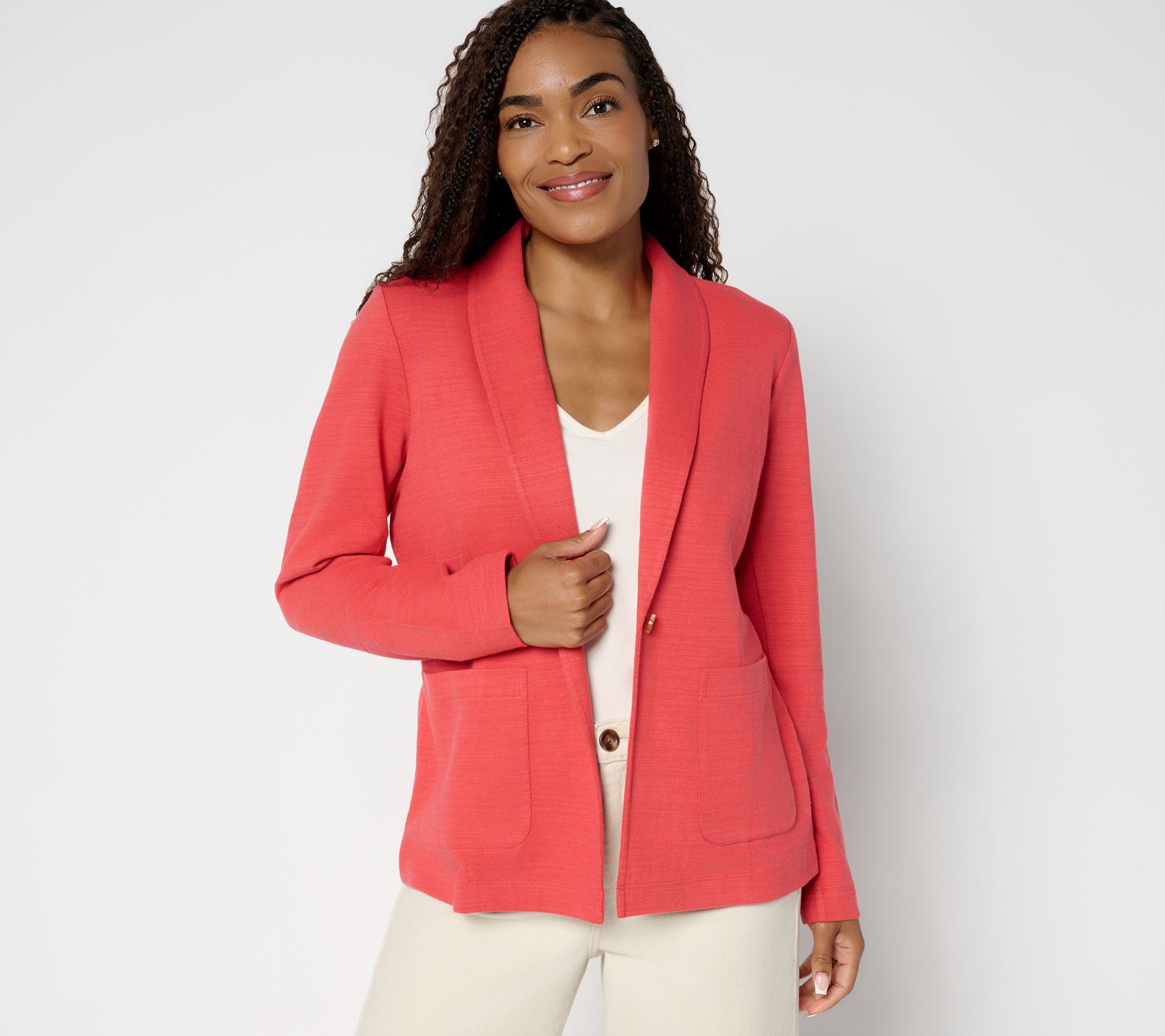 Denim & Co. Textured Cotton Button Front Blazer with Pockets