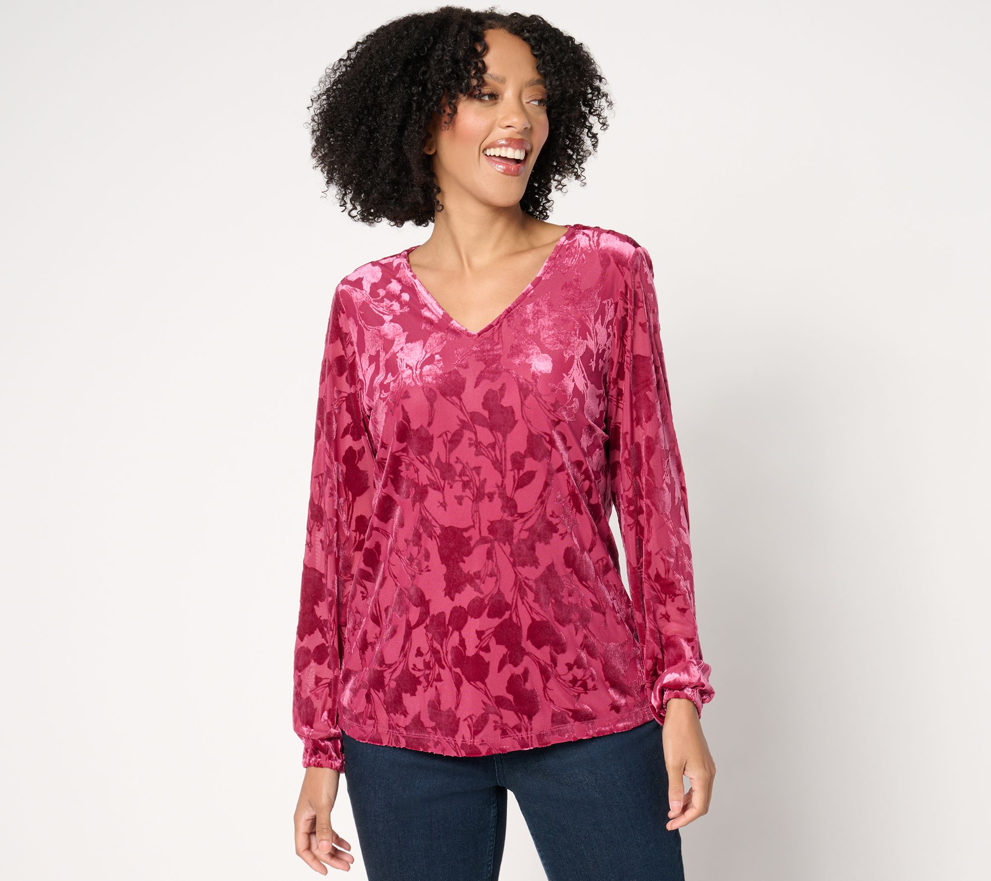 Denim & Co. Burnout Velvet Long Sleeve Blouse