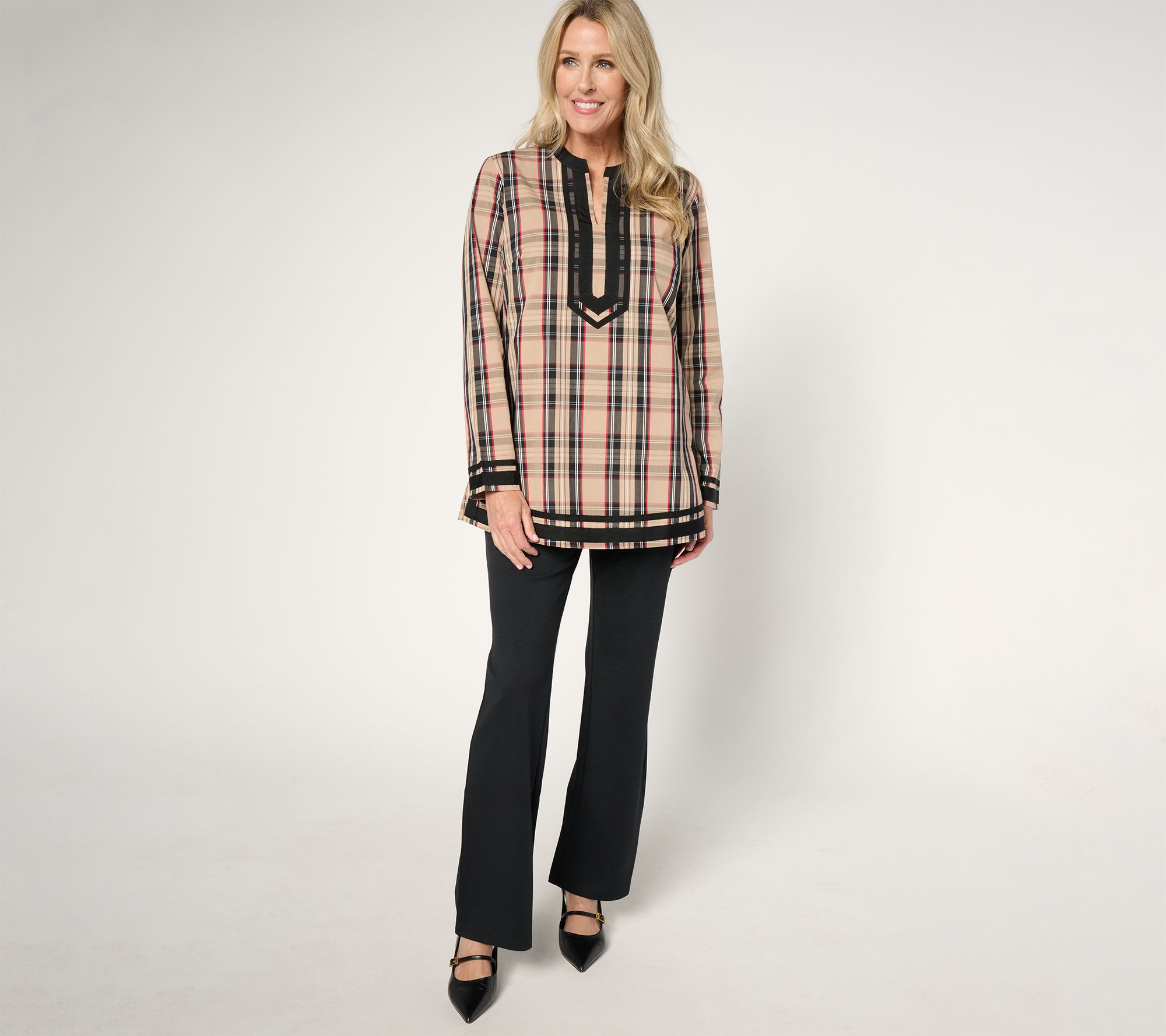 Jingle Belles by Kim Gravel Tartan Plaid Black Border Tunic Blouse