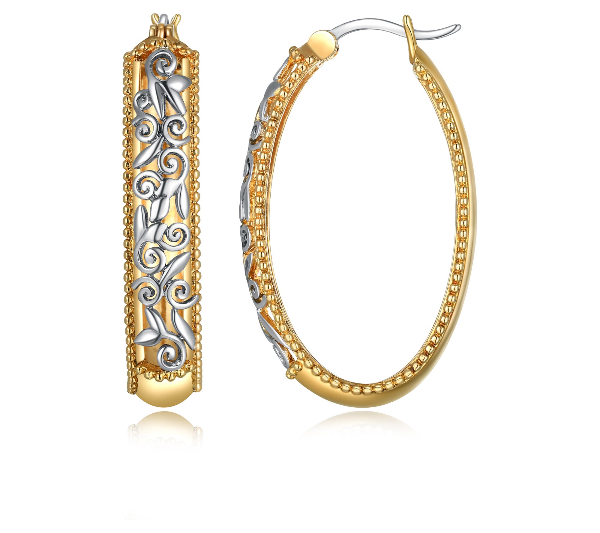 Silver Style Two-Tone Filigree Cut Out Hoop Earrings, Sterling