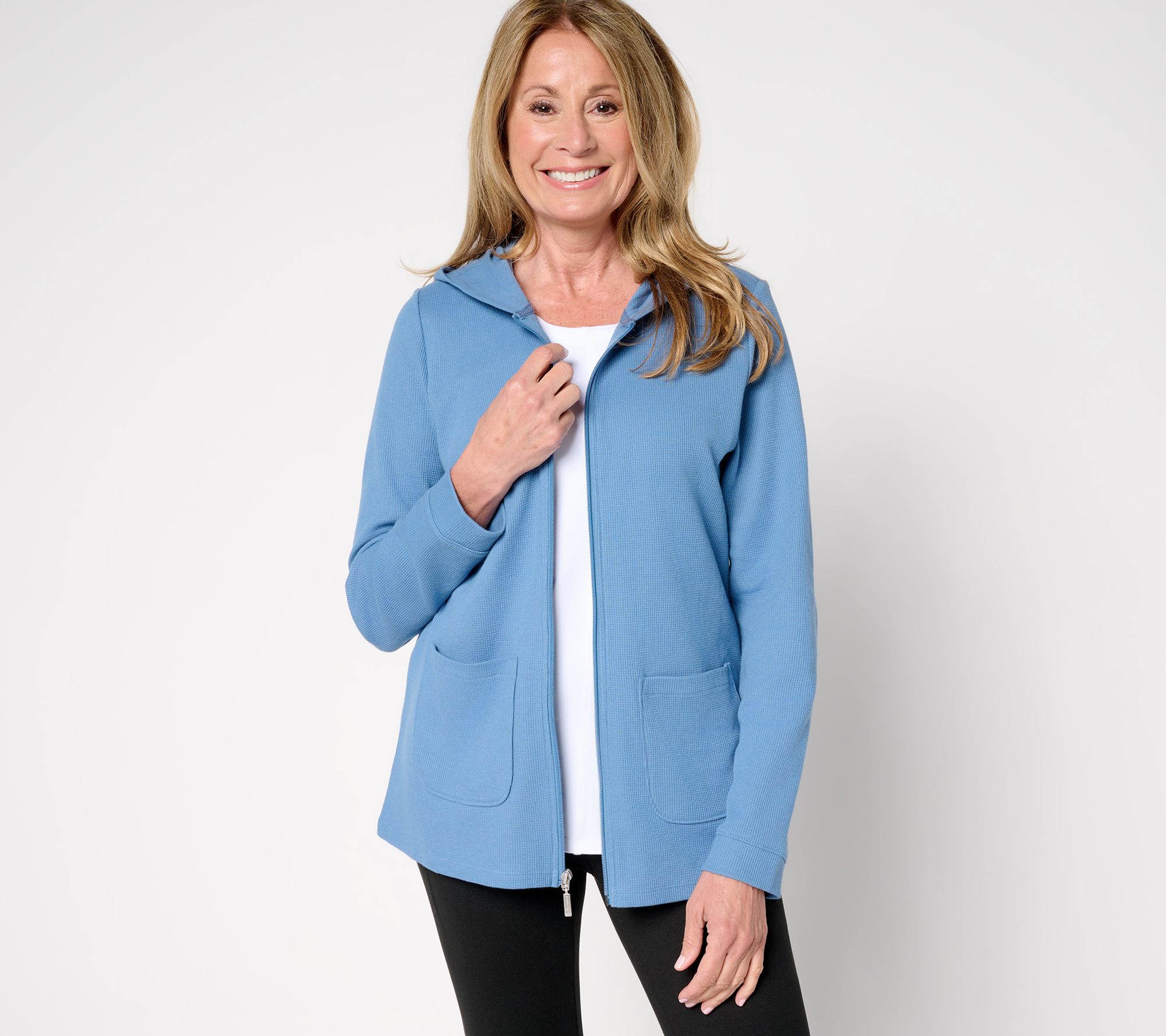 Denim & Co. Active Waffle Knit Zip Front Hooded Jacket