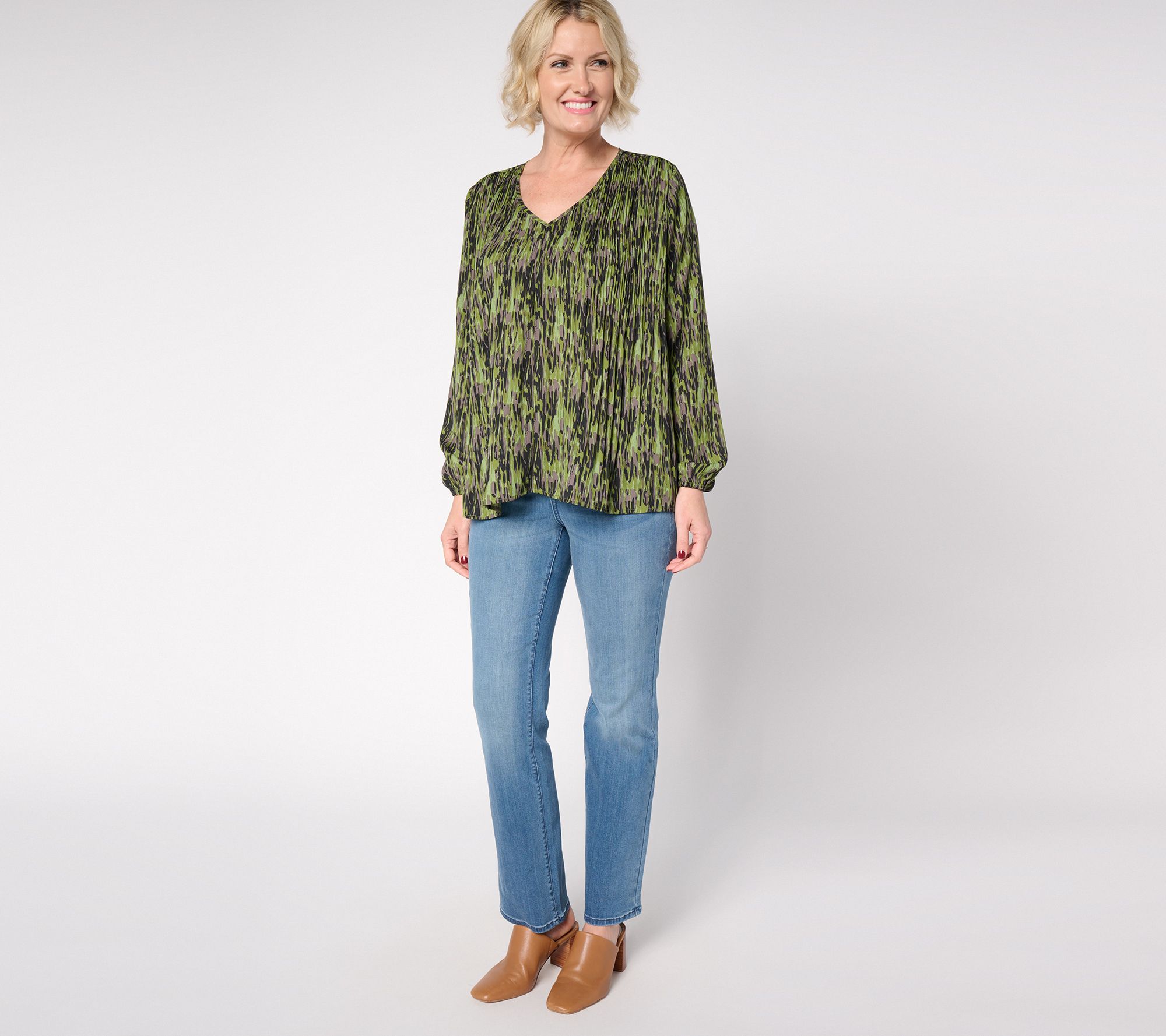 Belle by Kim Gravel Micropleat V-Neck Printed Blouse