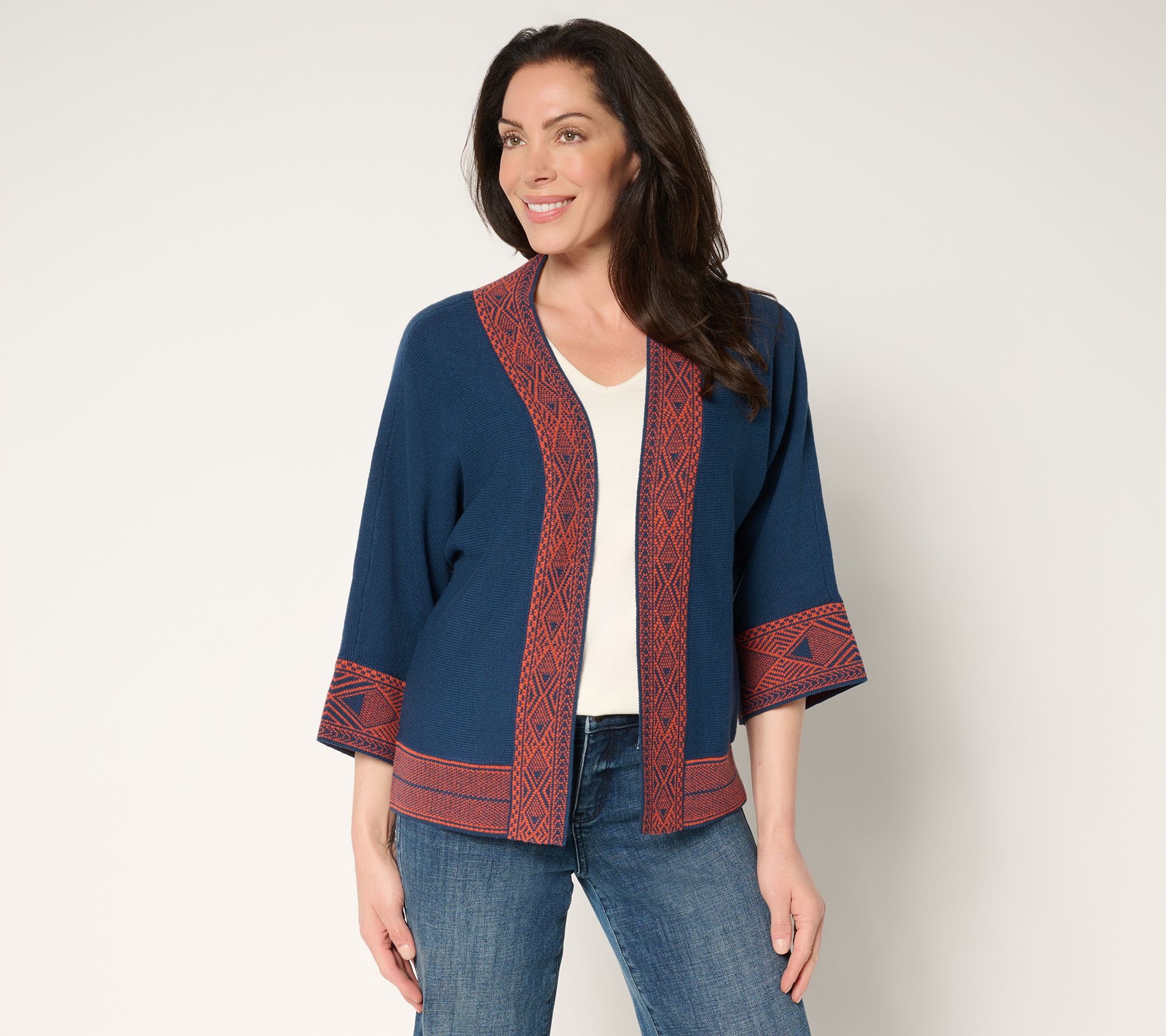 Belle Boho by Kim Gravel Border Trim Open Front Cardigan
