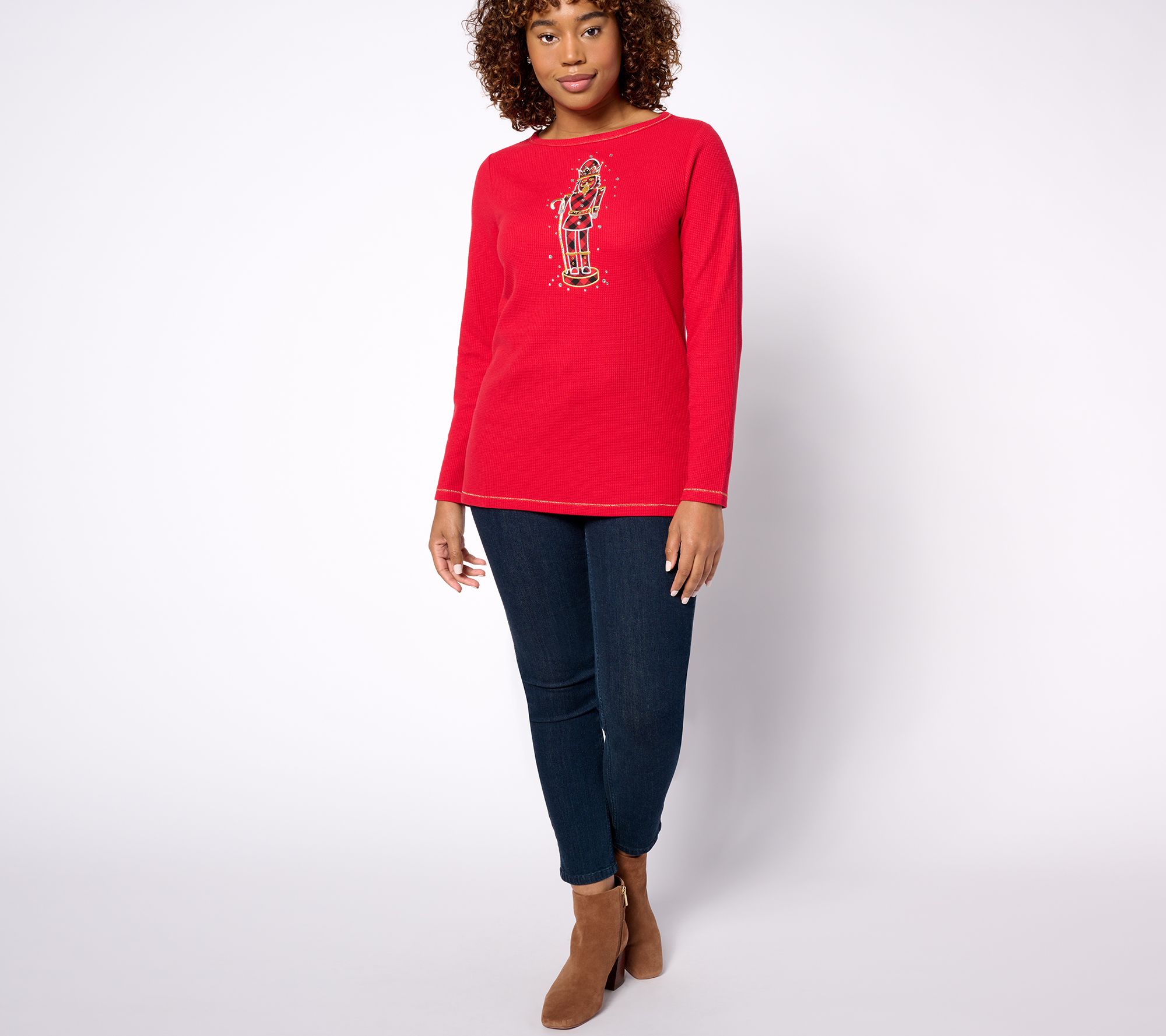 Quacker Factory Waffle Knit Top with Plaid Motif Detail