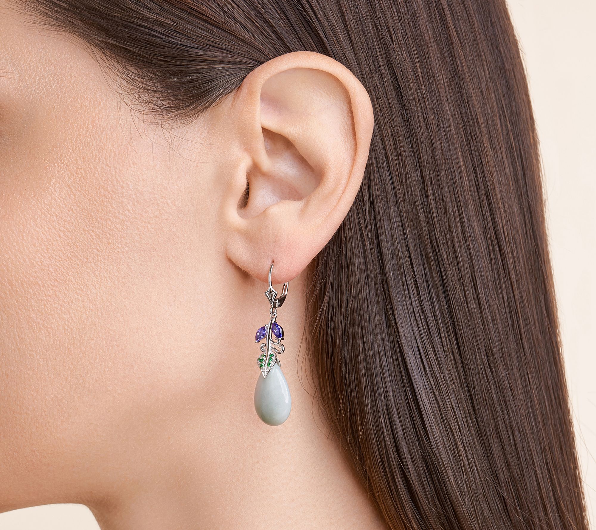 Dynasty Jade & CZ Dangle Leverback Earrings, Sterling Silver