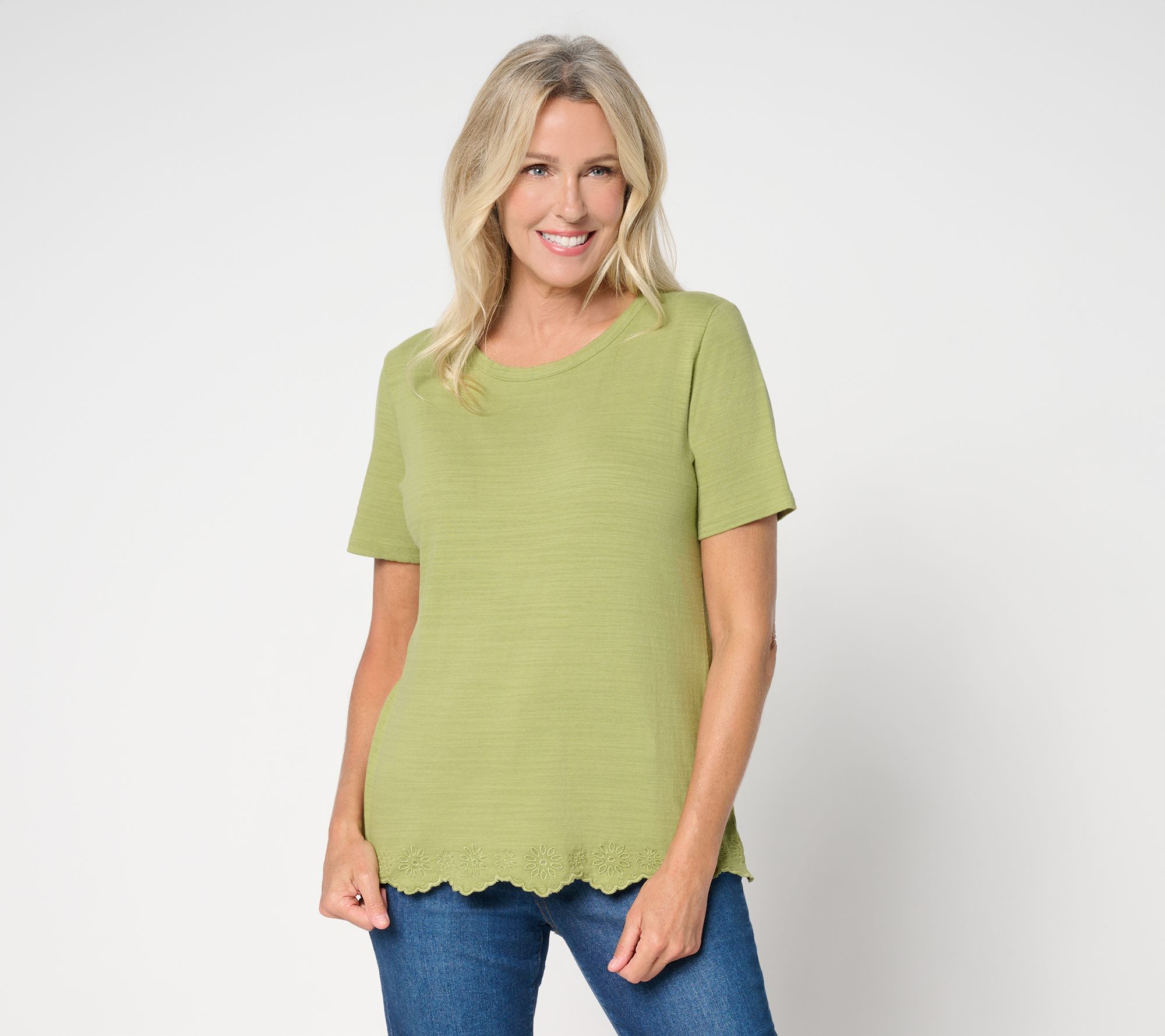 Denim & Co. 100% Cotton Short Sleeve Embroidered Hem Round Neck Top