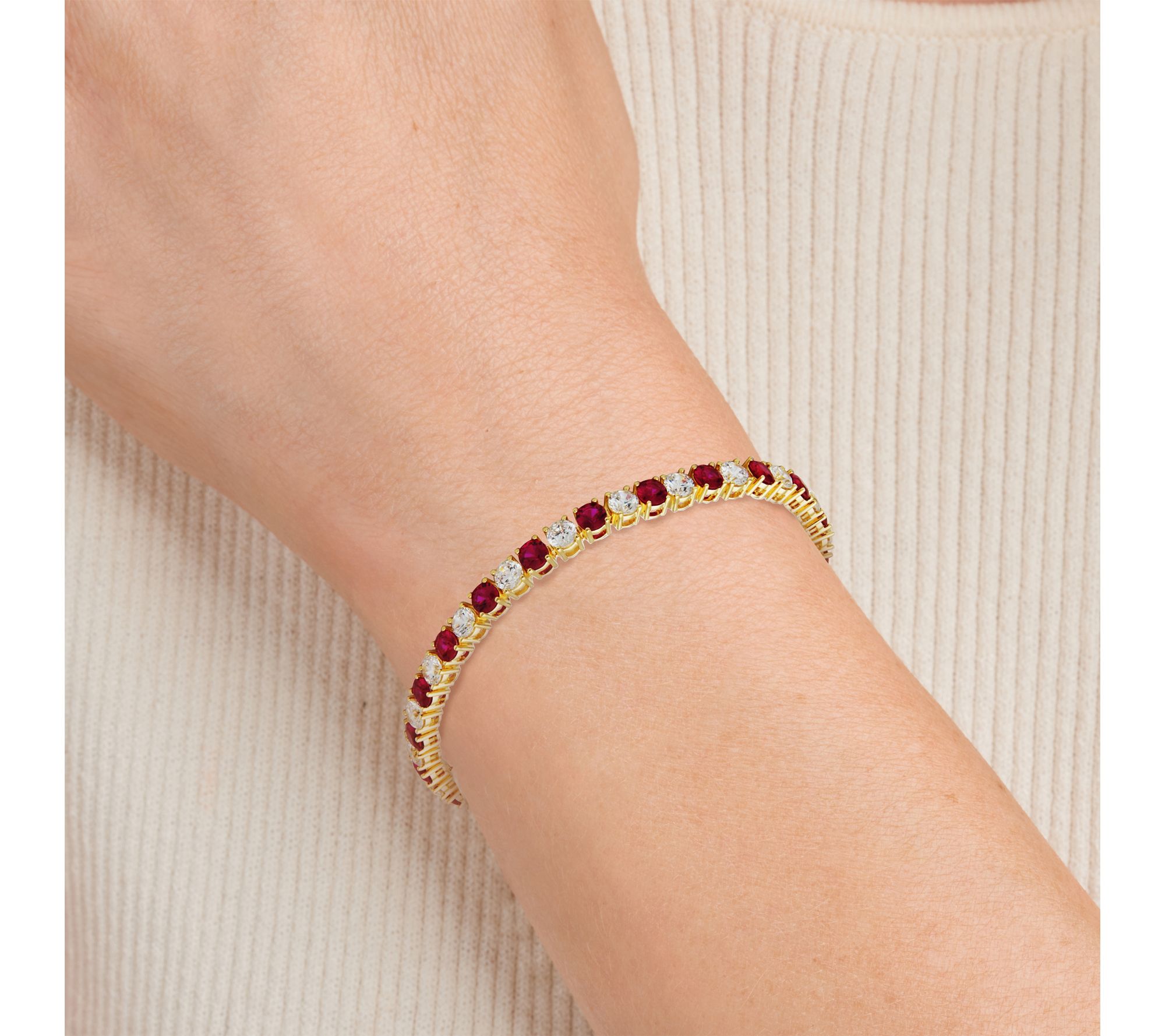 Moissanite & Created Ruby Tennis Bracelet, 18KGold Plated