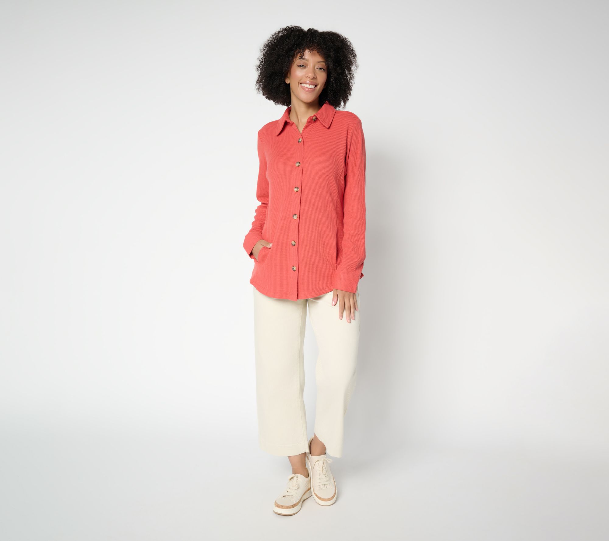 Belle by Kim Gravel Petite Waffle Knit & Jersey Button Front Top