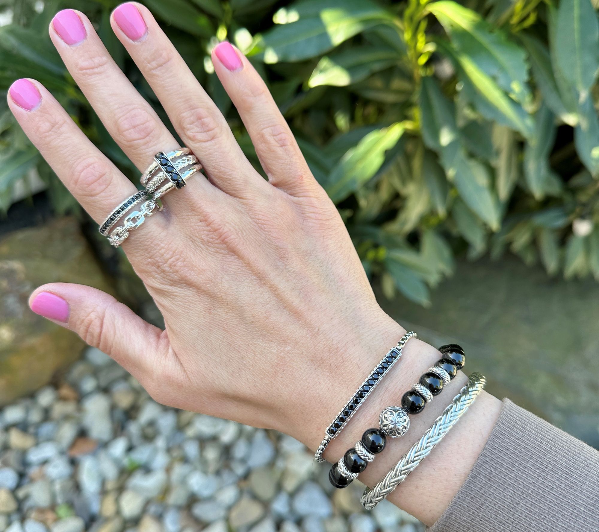 JAI Sterling Silver Heritage Lotus Texture Gem Bead Bracelet