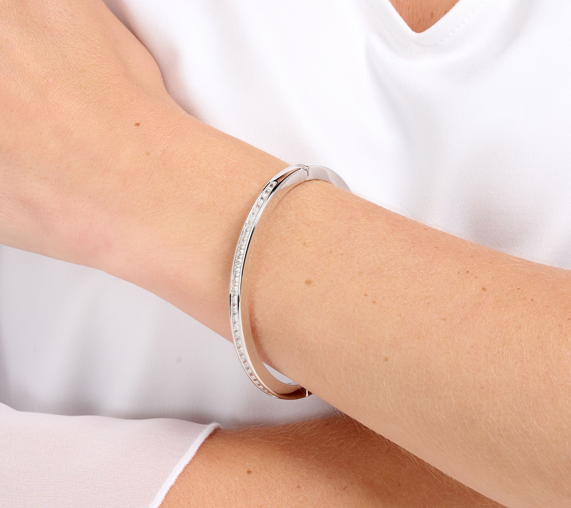 Diamonique Italia Hinged Bangle Bracelet, Sterling Silver