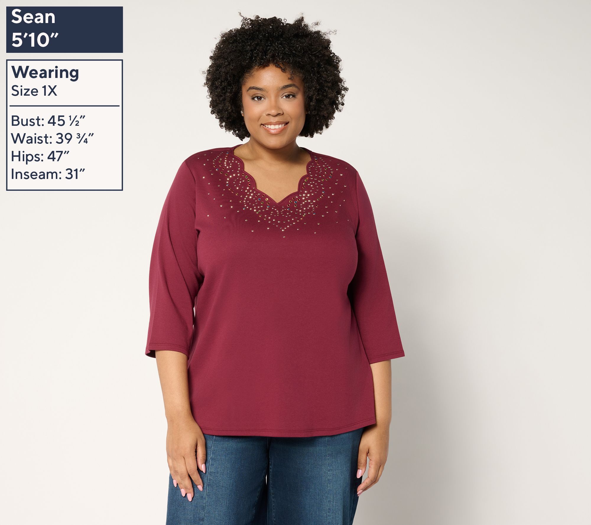 Quacker Factory Swirling Leaves Scalloped 3/4 Sleeve Top