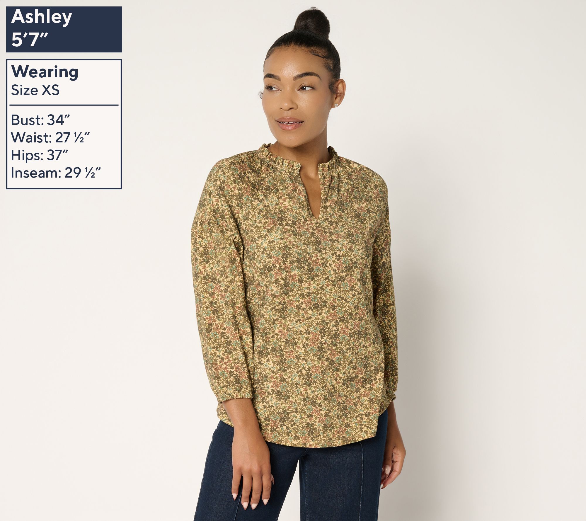 Ree by The Pioneer Woman Printed Ruffle Neck Blouson Knit Top