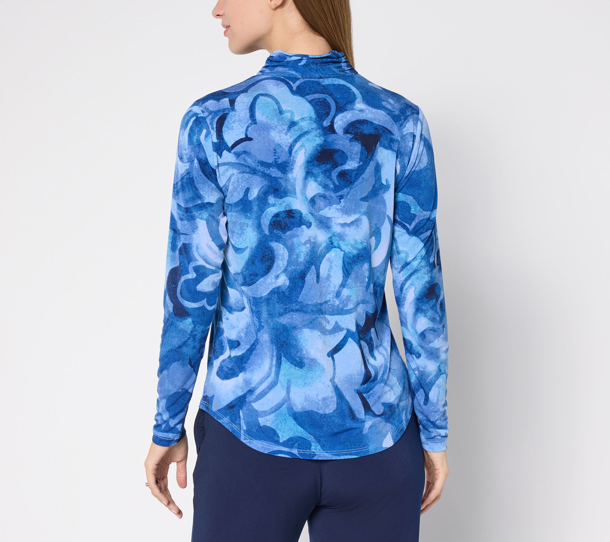 Susan Graver Printed Liquid Knit Ruched Mock Neck Top