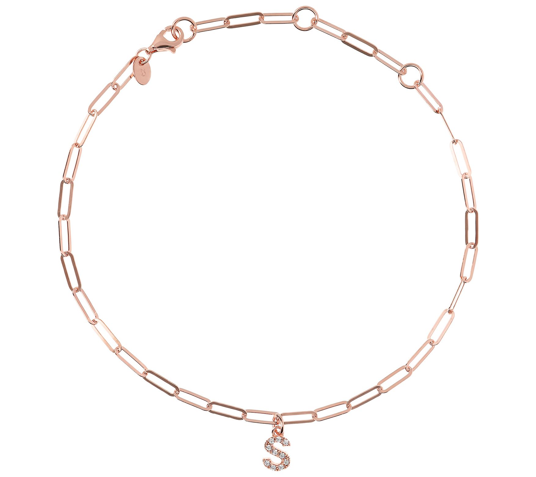 Diamonique Initial Paperclip Ankle Bracelet, 14 K Rose Clad