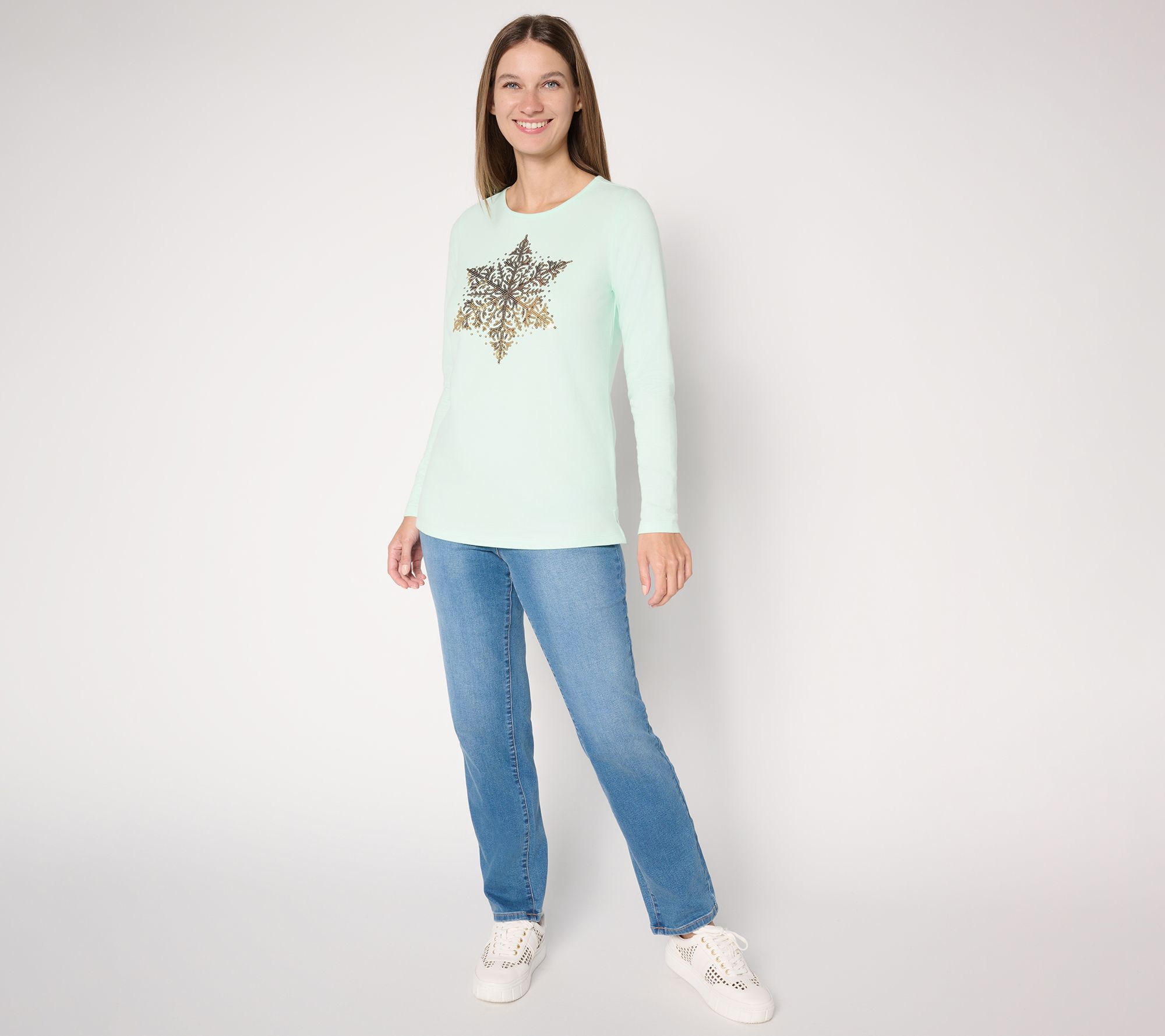 Quacker Factory Baby It's Cold Sequin Snowflake Long Sleeves Shirt