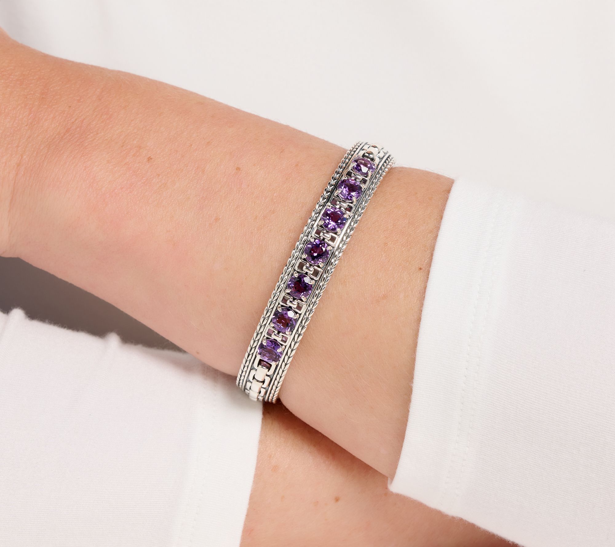 JAI Sterling Silver Round Gemstone Box Chain Cuff Bracelet