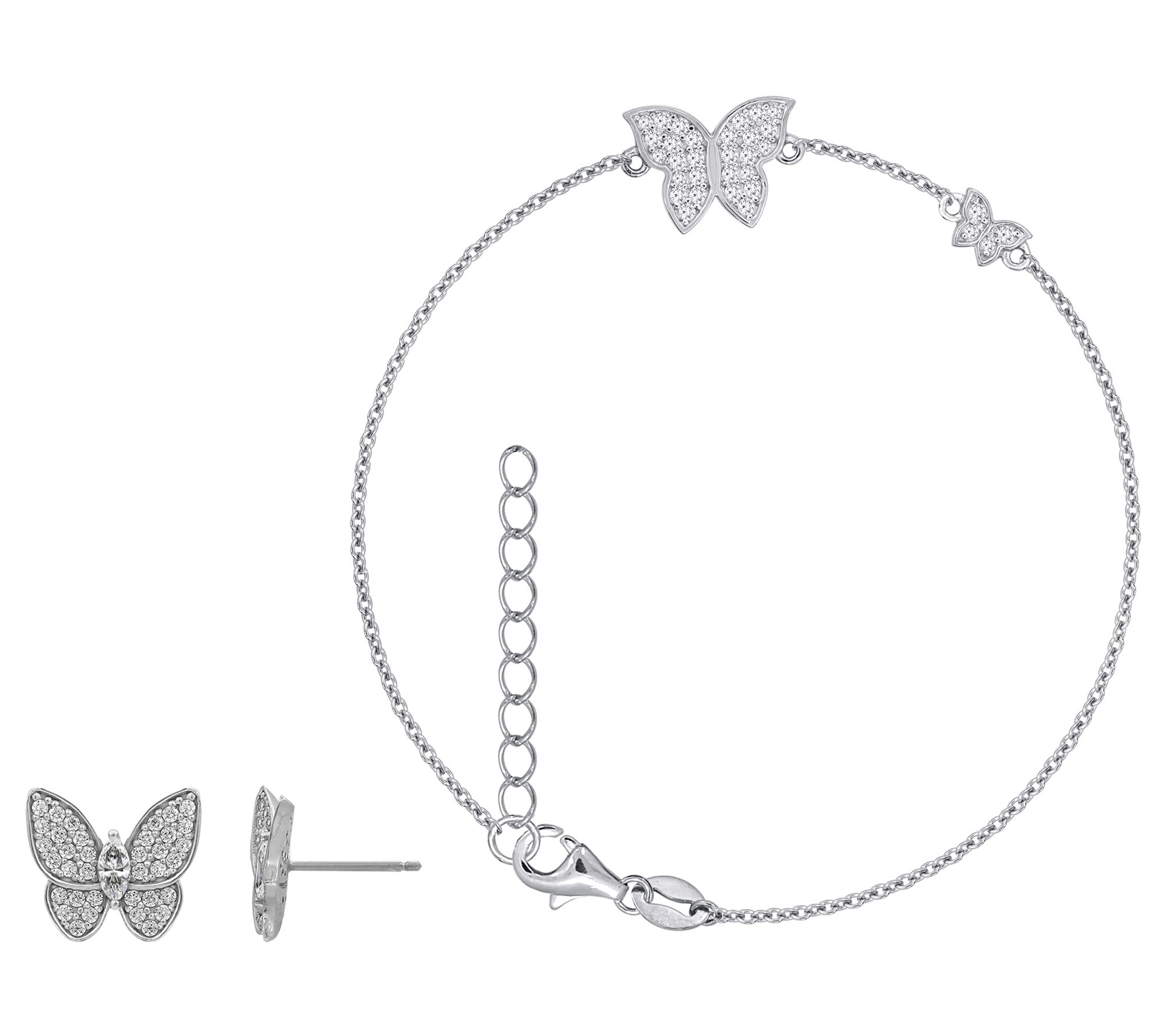 Diamonique Butterfly Bracelet & Earrings Set, Sterling Silver