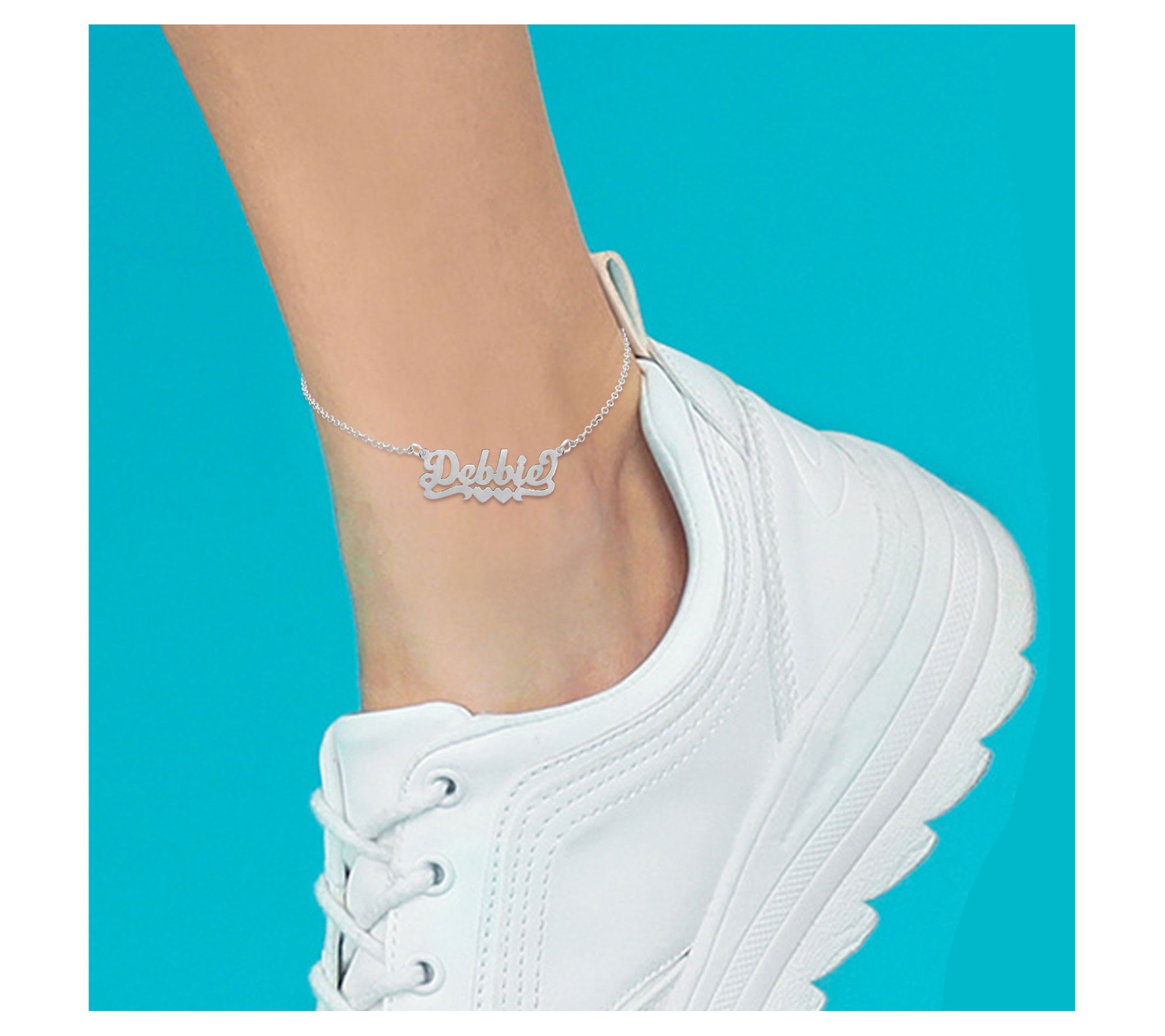 Sterling Silver Script Name Double Heart Ankle Bracelet