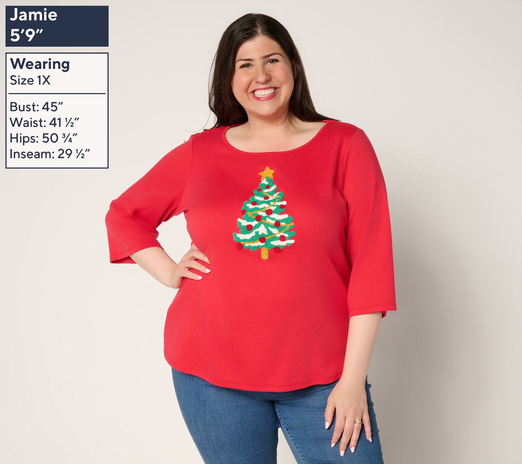 Quacker Factory Punch Needle 3/4 Sleeve Christmas Tree Top