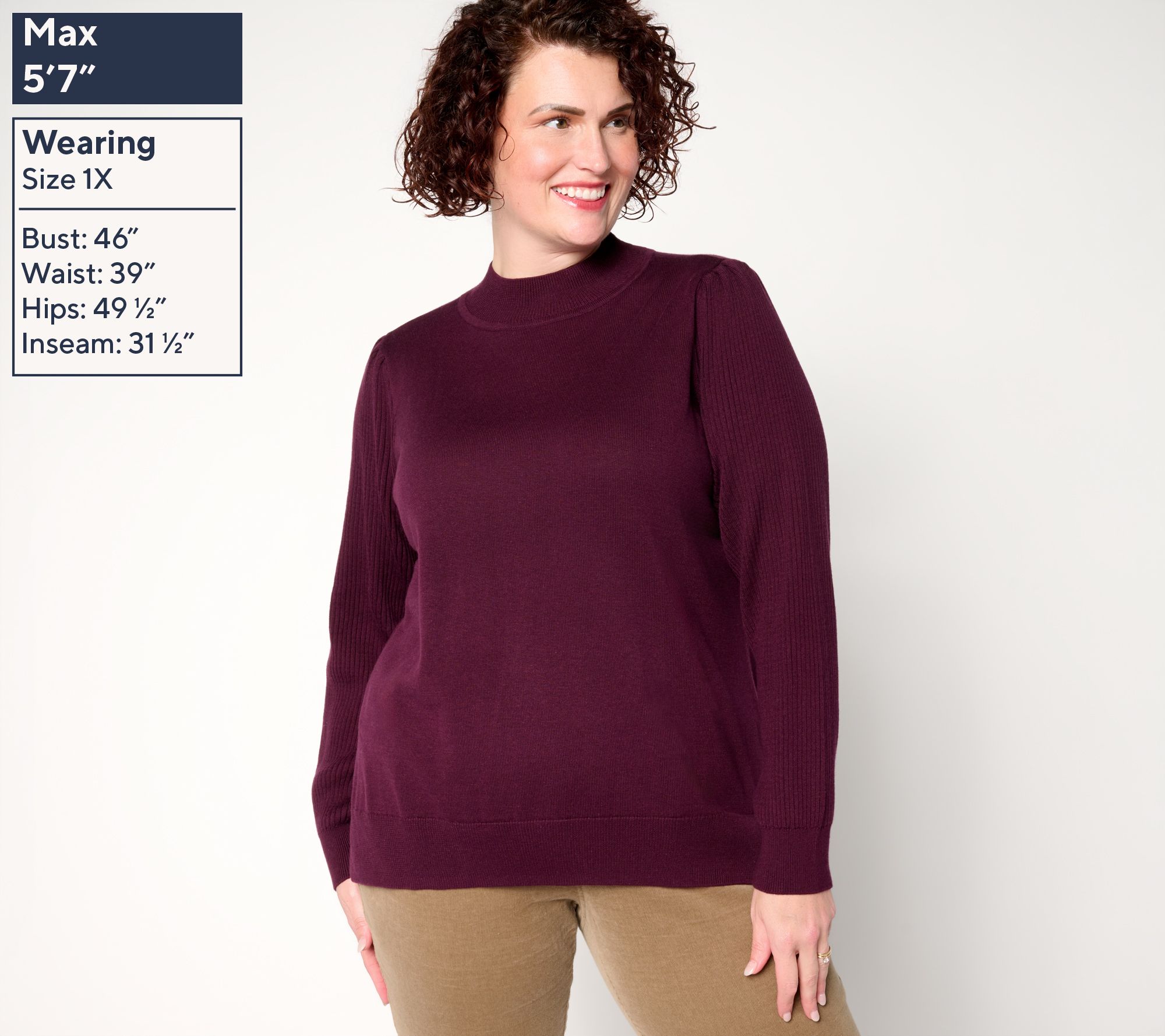 Belle by Kim Gravel Ribbed Blouson Sleeve Mock Neck Sweater