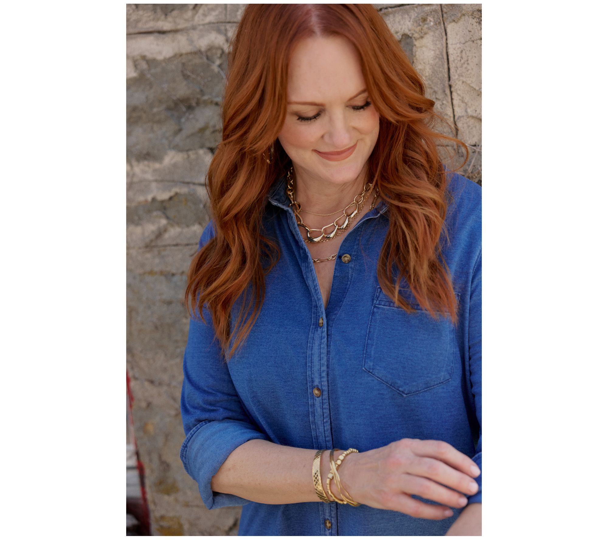 Ree by The Pioneer Woman Knit Denim Button Front Shirt