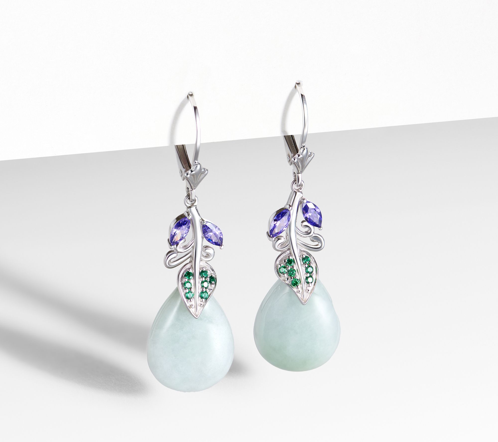 Dynasty Jade & CZ Dangle Leverback Earrings, Sterling Silver