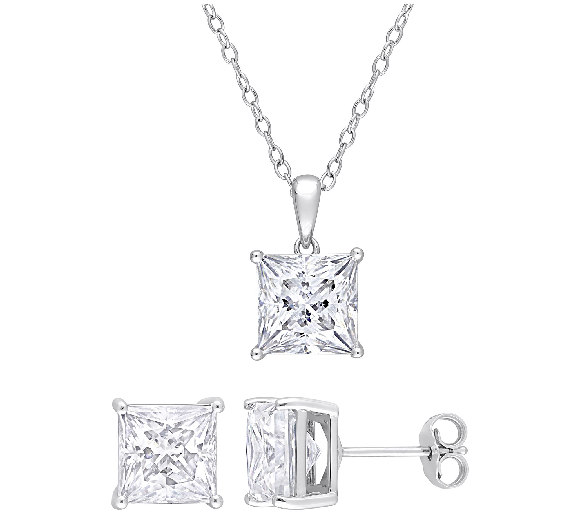 MoissanIce Moissanite Square Earrings & Necklace Set, Sterling