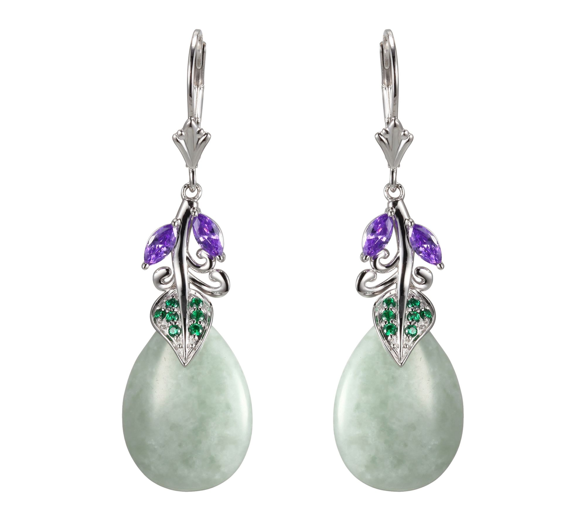 Dynasty Jade & CZ Dangle Leverback Earrings, Sterling Silver