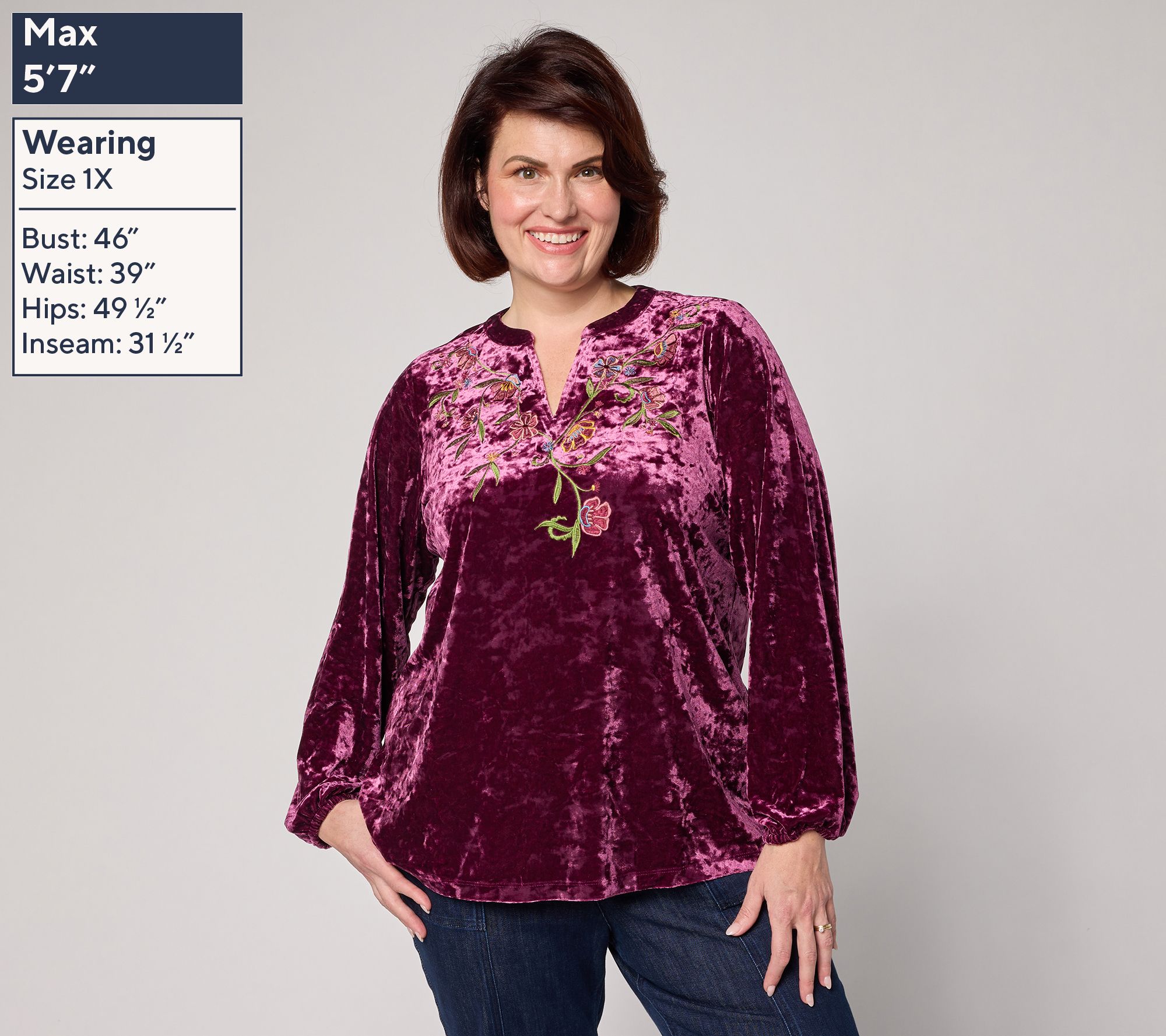 Belle Boho by Kim Gravel Crushed Velvet Embroidered Top
