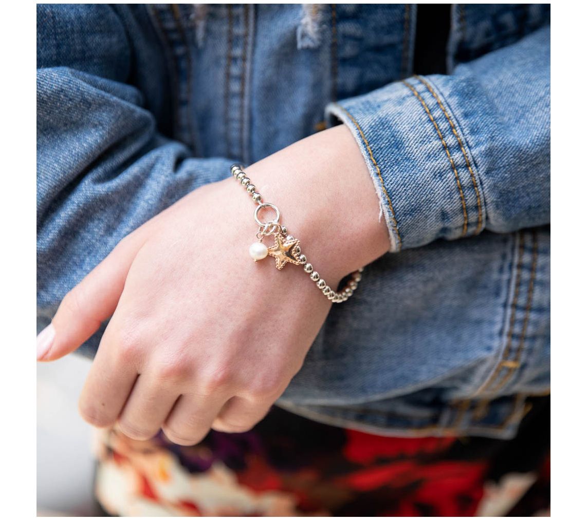Or Paz Sterling Silver Star & Cultured Pearl Charm Bracelet