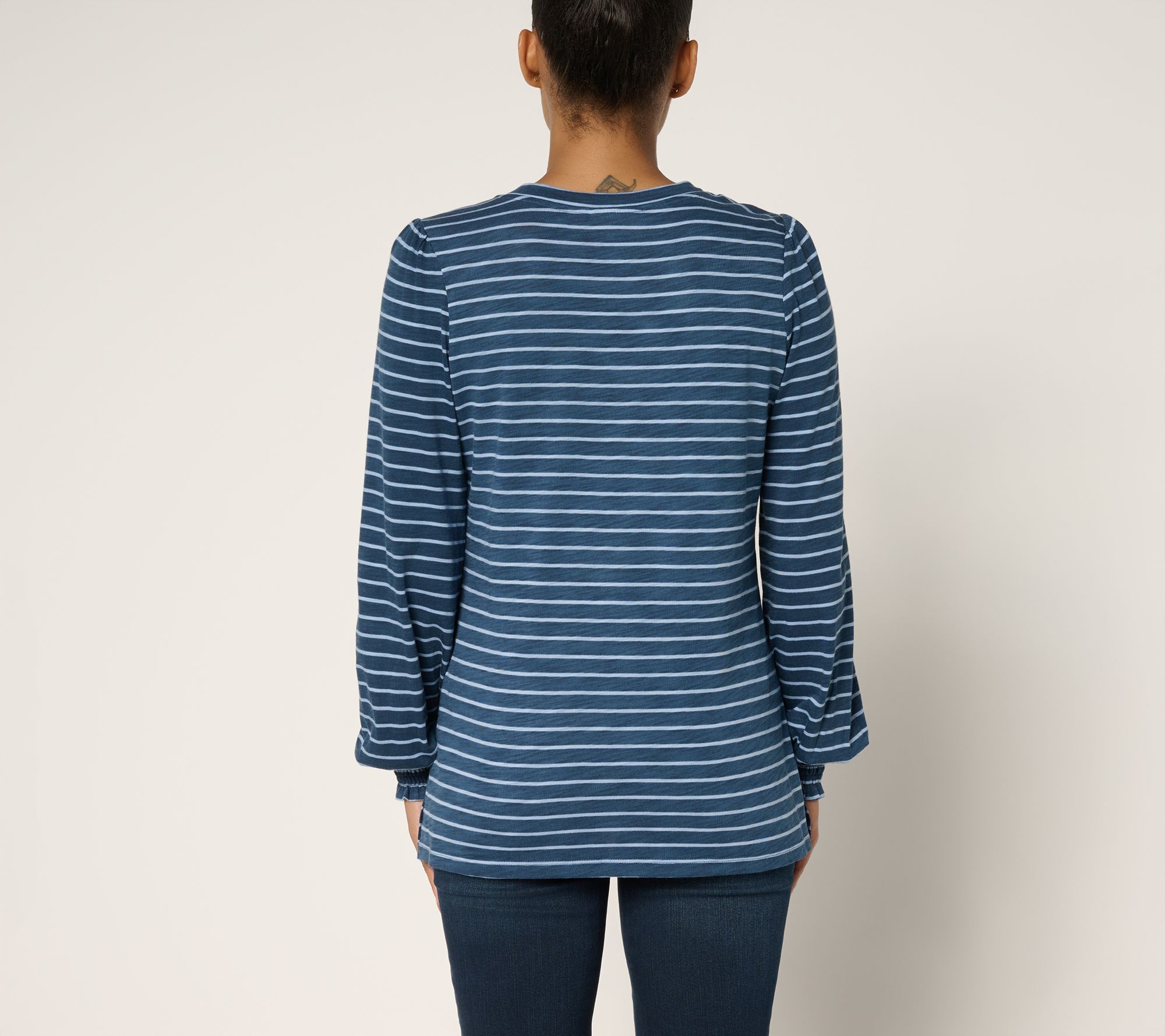 Belle by Kim Gravel Slub Knit Pinstripe V Neck Top