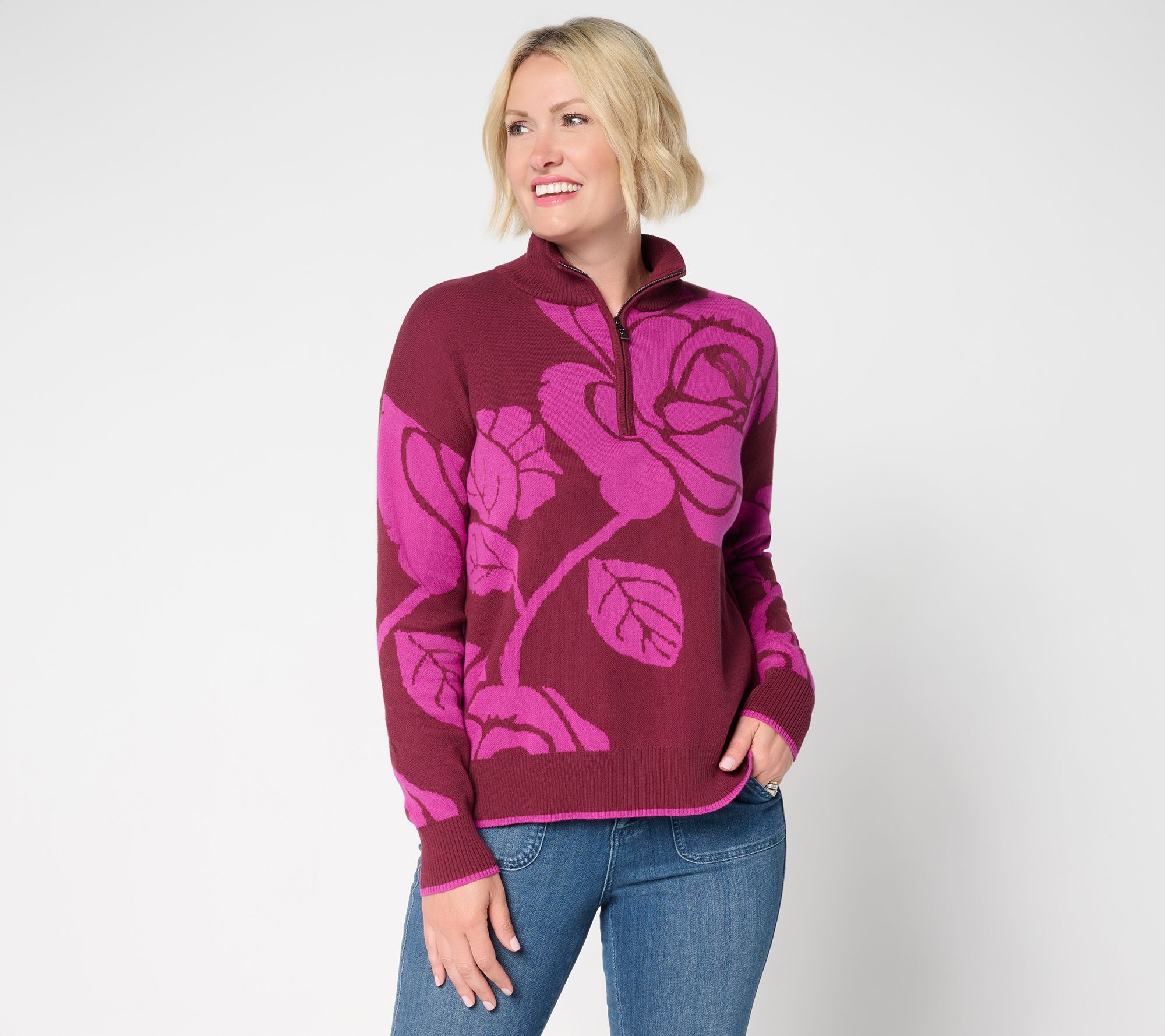 Belle by Kim Gravel Falling for Fall Floral Intarsia Half Zip Sweater