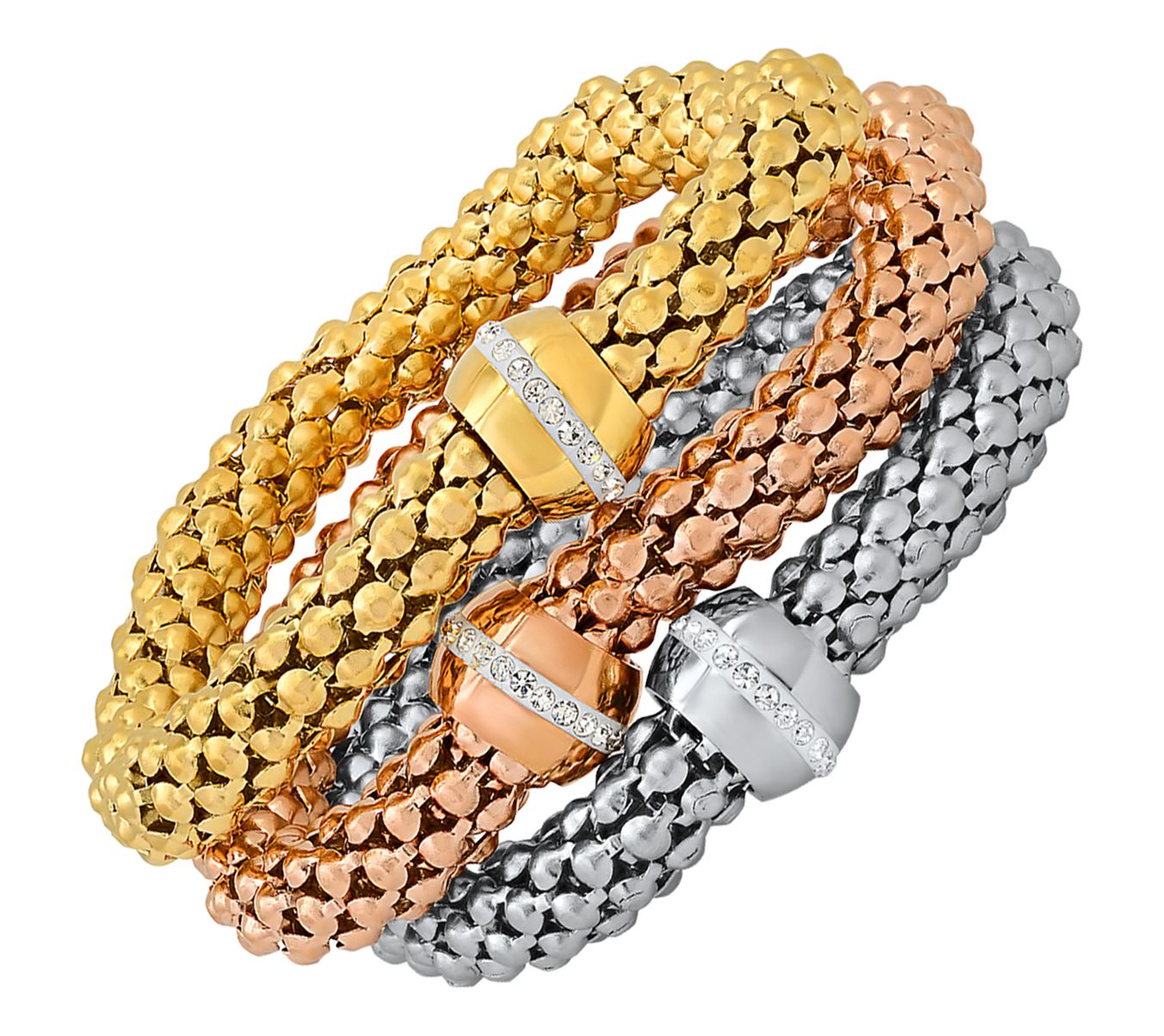 Steel By Design Tri-Tone Cubic Zirconia Mesh Bracelet Set