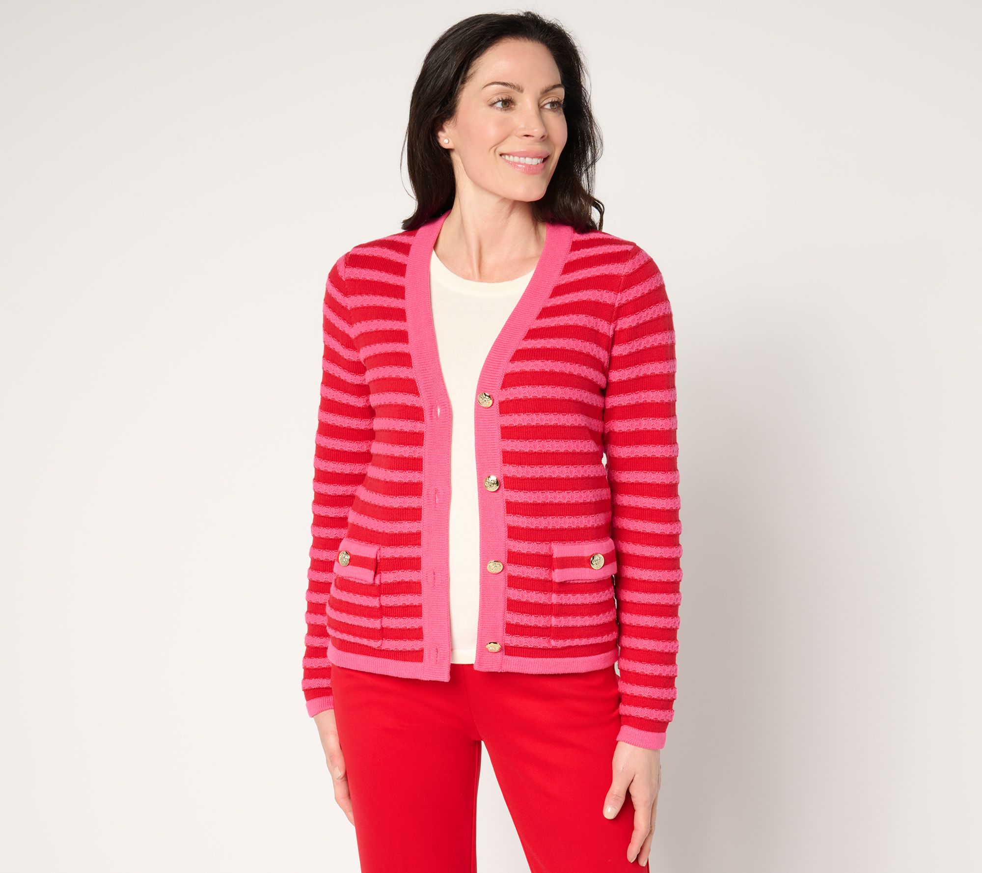 Isaac Mizrahi Live! Striped Button-Front Sweater Cardigan