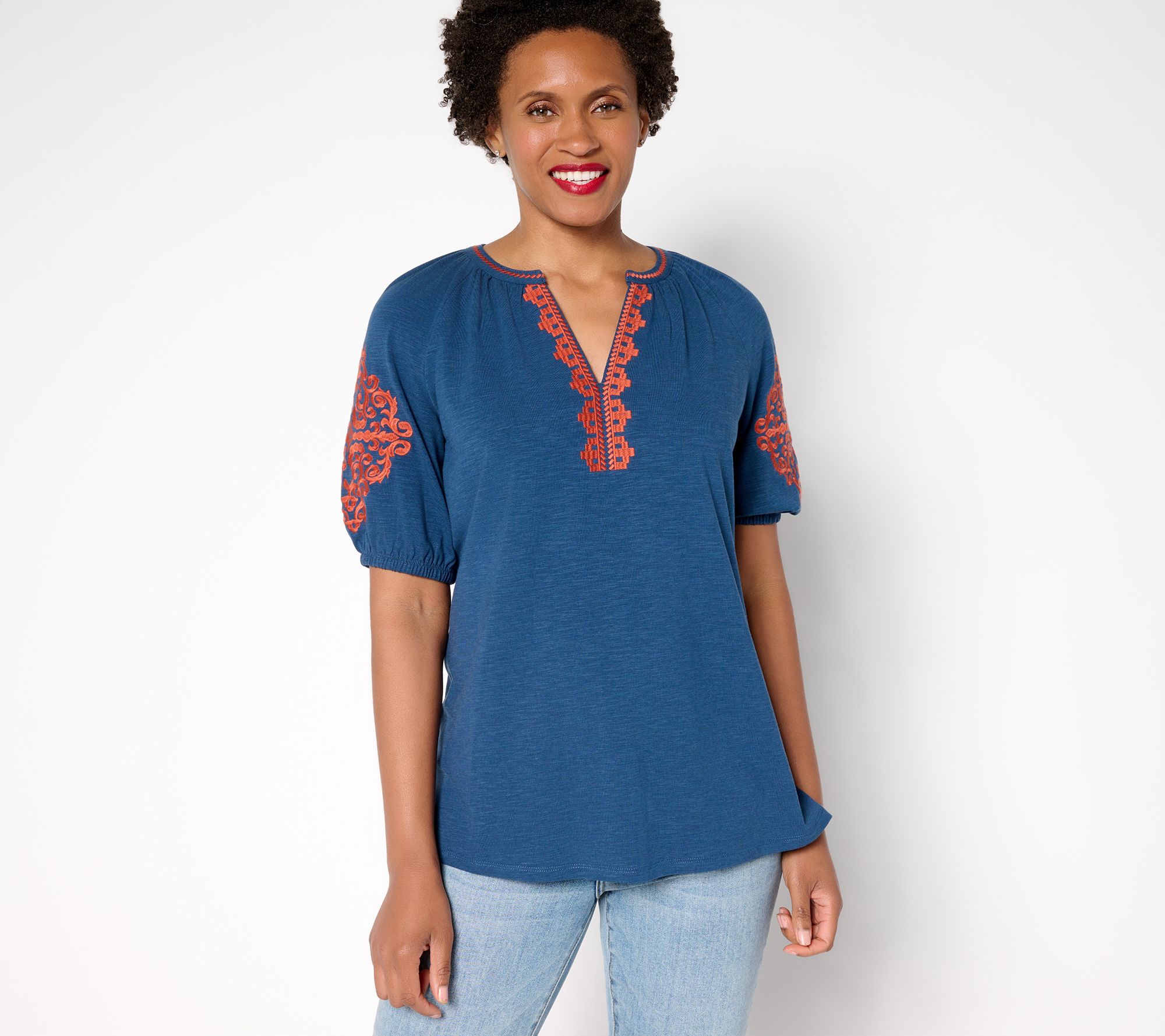 Belle Boho by Kim Gravel Slub Knit Elbow Sleeve Embroidered Top